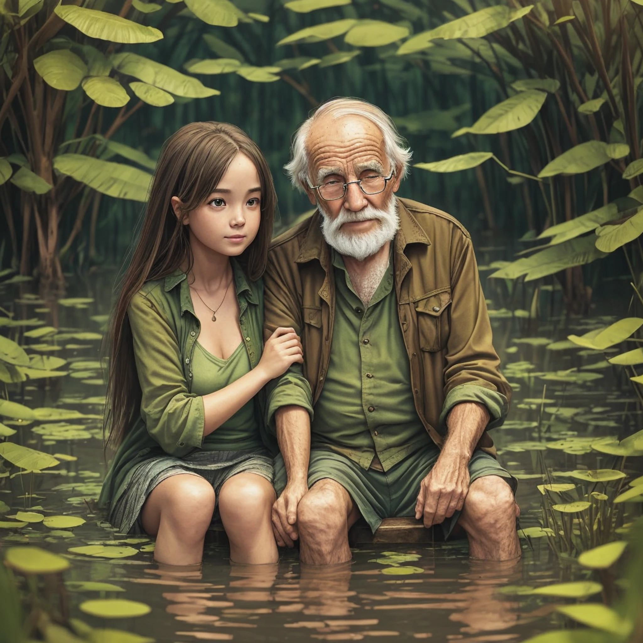 An old man with a girl in his arms in a swamp --auto --s2