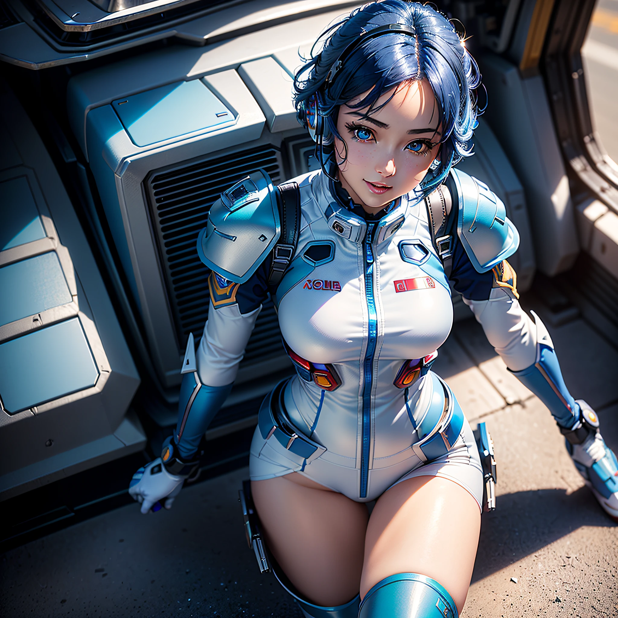 (masterpiece, highest quality, highest resolution, distinct_image, very elaborate CG, cinematic lighting, ray tracing, drop shadows, detailed detail, (photorealistic: 1.4), high quality textures, fine-grained, realistic face expression): (single girl, face is Japan, blue haired girl, short hair, small size breasts, Detailed Gundam cockpit with sparkly blue colored eyes, eye-level shots, metallic white and blue colored flight suits, tight-fitting clothes, full-body covering clothes, light smile, beauty, slim body, exoskeleton, heroine, headset, long boots, gloves, solo ride)