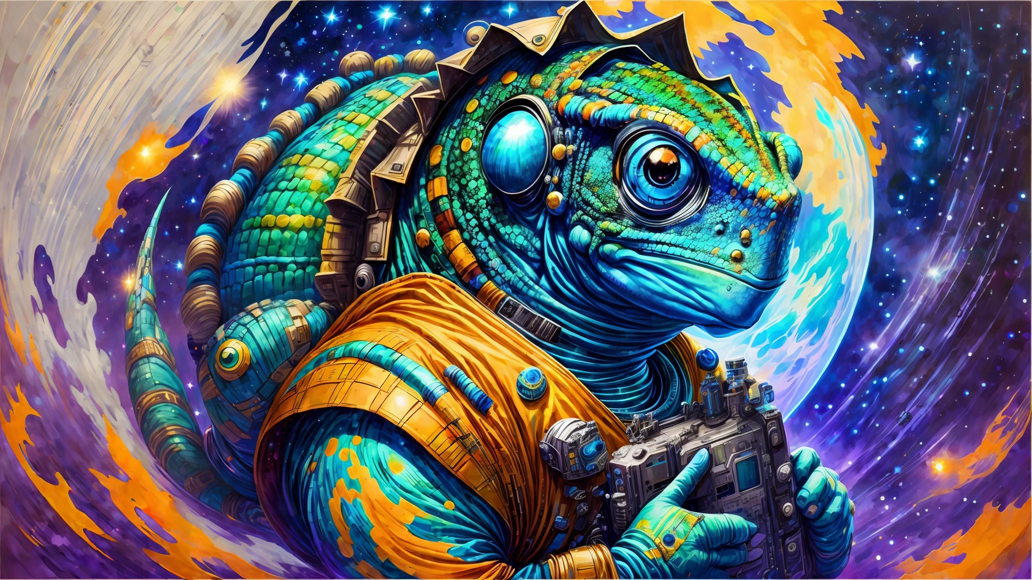 An intergalactic warrior chameleon in space flight suits, floating in the void of outer space, with colorful stars and nebulae in the background, holding a mysterious technological device, conveying a sense of solitude and exploration in the vast cosmos, Painting, airbrushing technique on canvas, vibrant light effects, --auto --s2