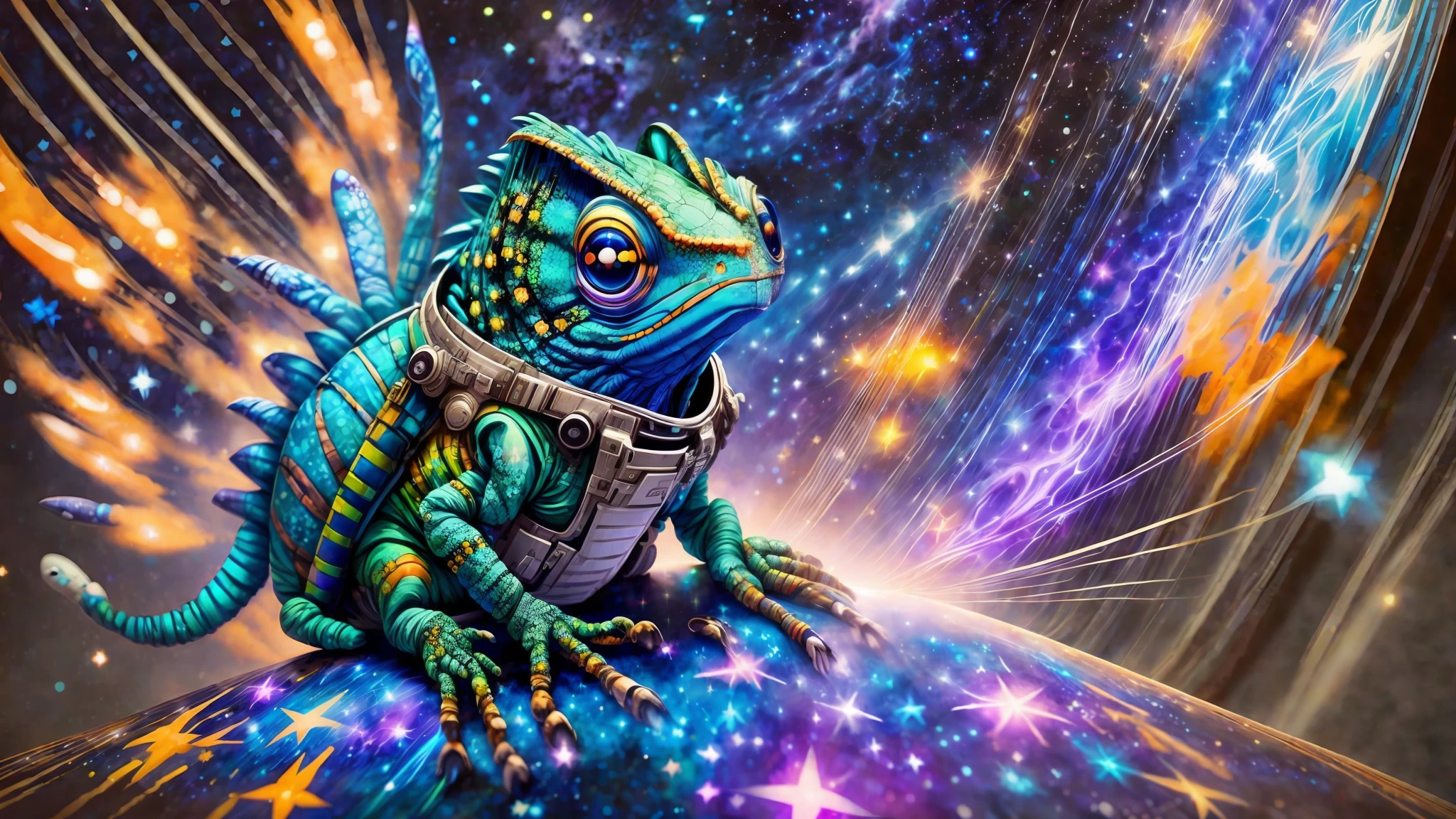 An intergalactic warrior chameleon in space flight suits, floating in the void of outer space, with colorful stars and nebulae in the background, holding a mysterious technological device, conveying a sense of solitude and exploration in the vast cosmos, Painting, airbrushing technique on canvas, vibrant light effects, --auto --s2