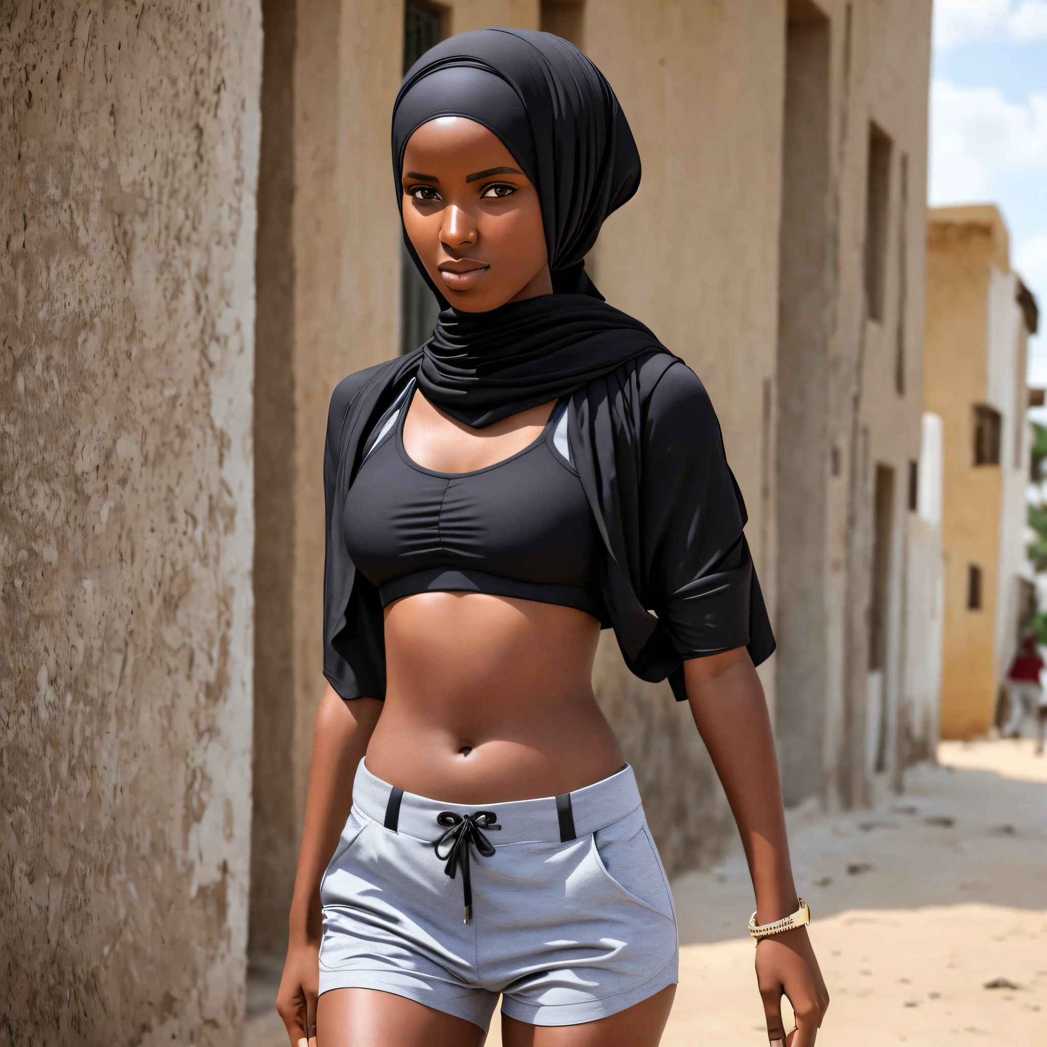 A stunning 25-year-old Somali girl wearing a black sports bra and hijab shorts, solo, on the streets of Mogadishu