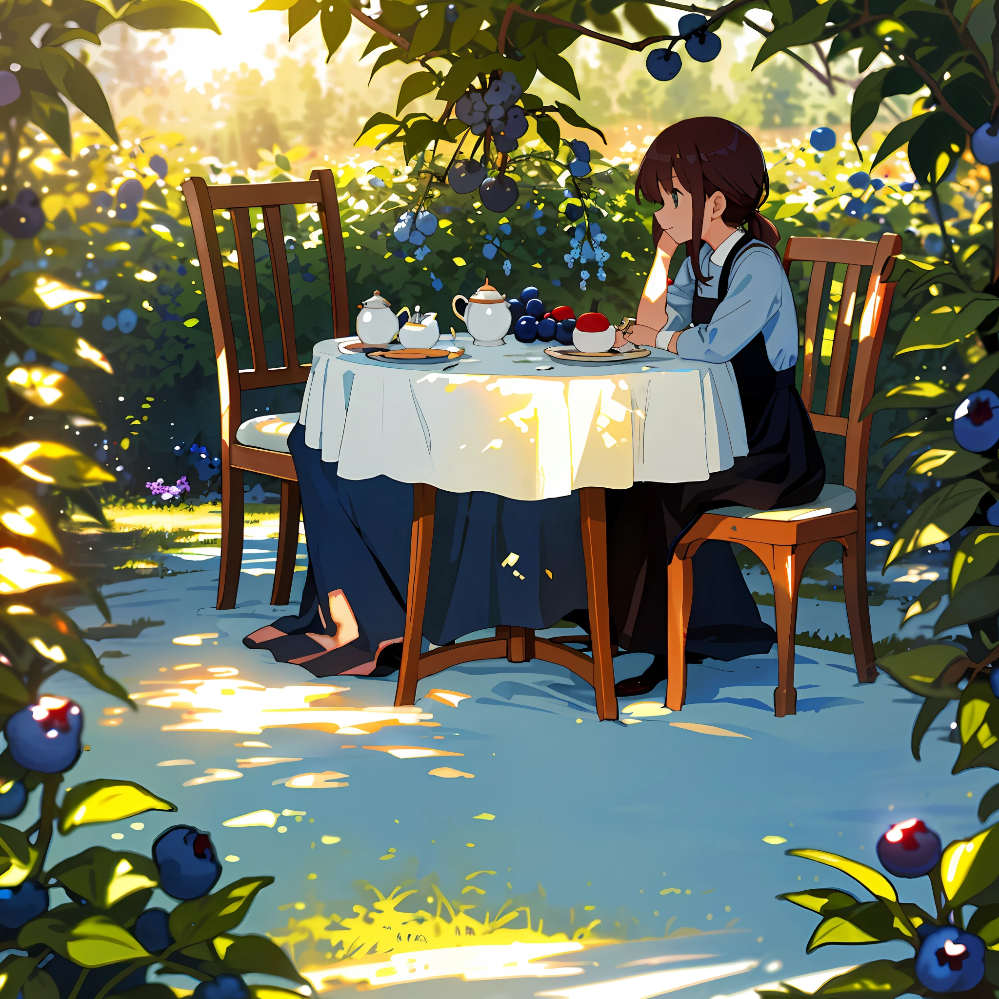 Vegetable salad, fruit and tea on a white tablecloth bathed in the morning sun. Girl sitting on chair in blueberry garden.