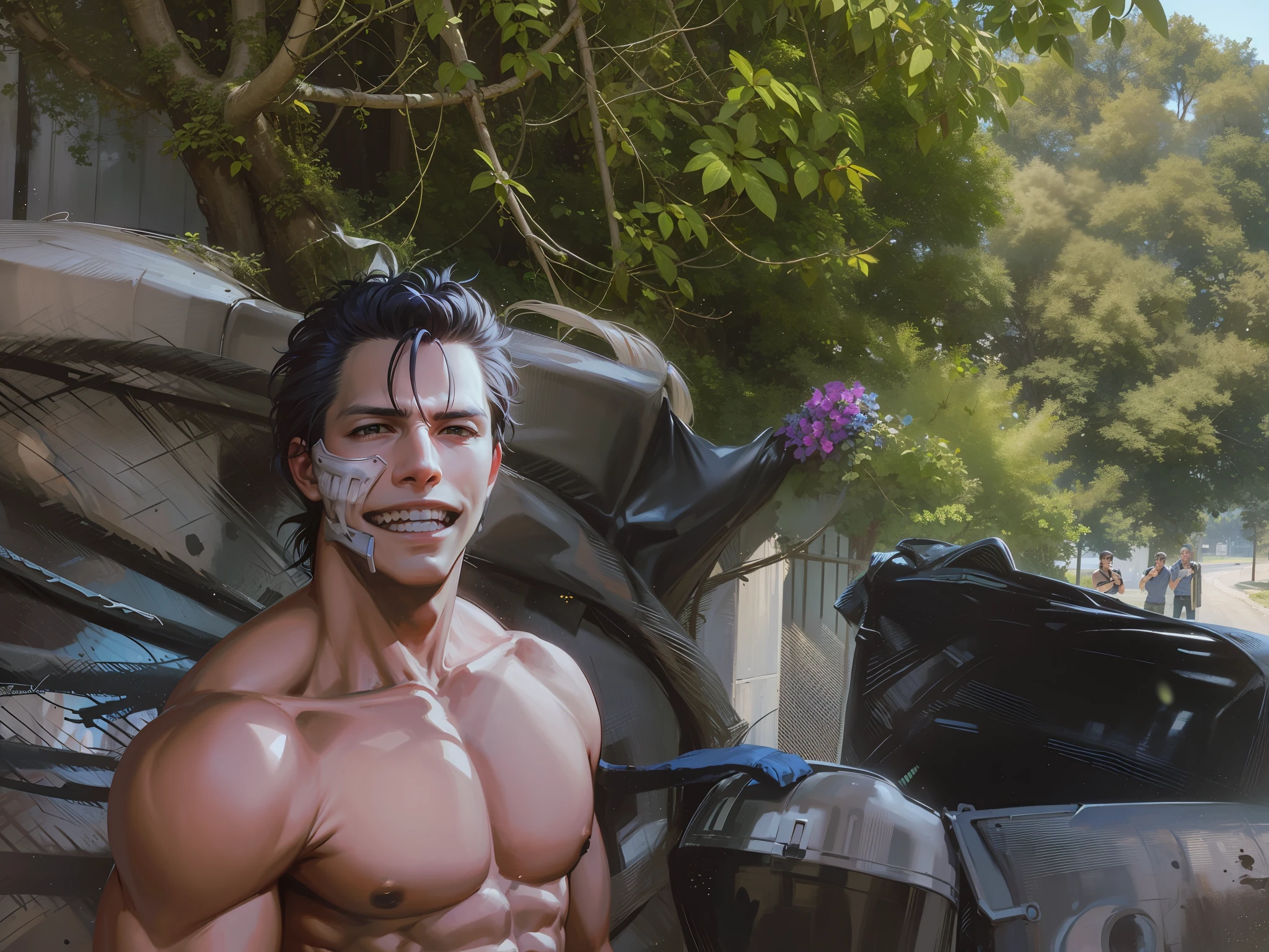 (masterpiece, best quality:1.2), cowboy shot, solo, male focus, 1boy, grimmjow, muscular, pectorals, grin, looking at viewer, hand in pocket, open clothes, jacket