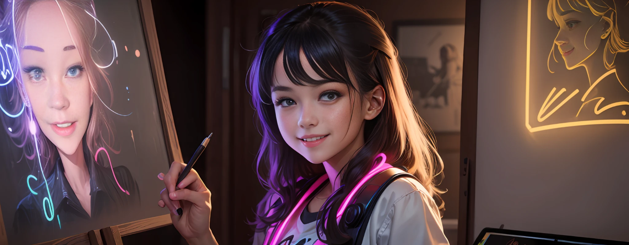 Smiling girl of 25 years old, at the easel draws a picture, around neon glare