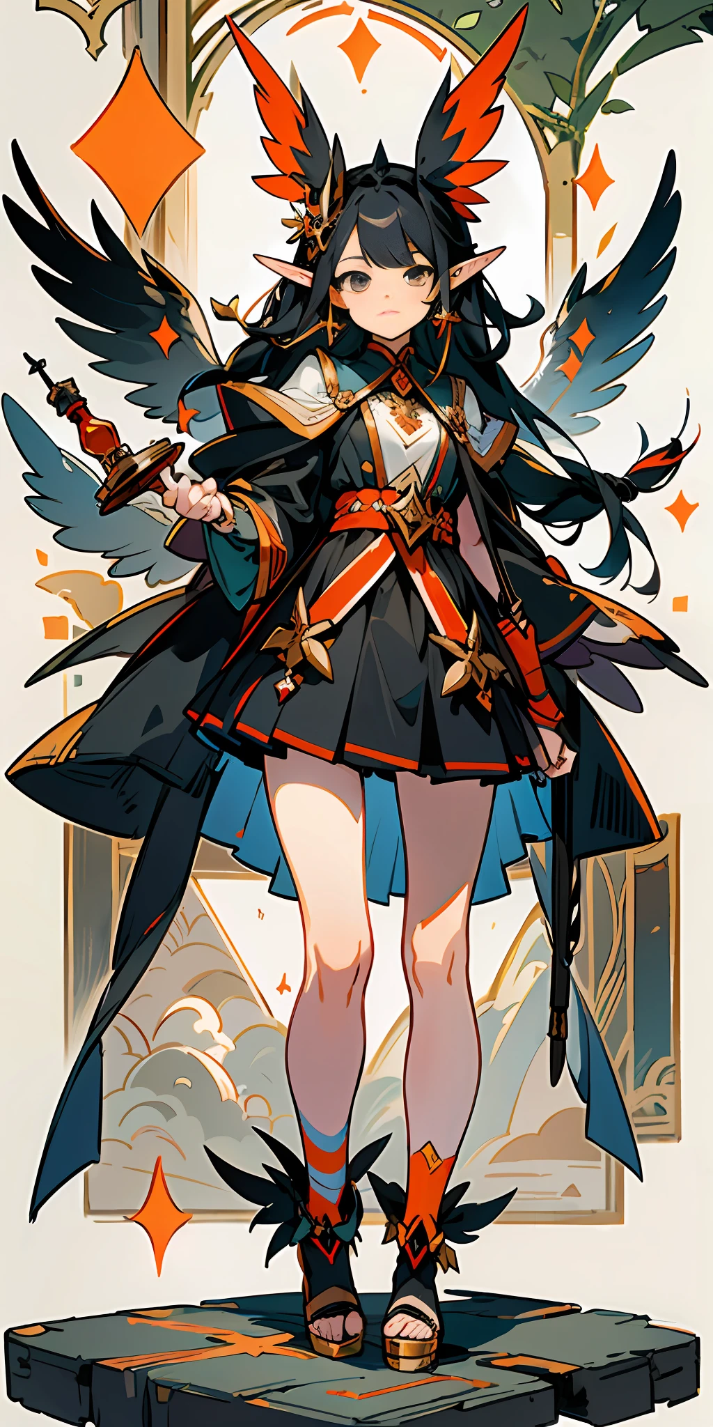 Elf, a magical girl, long black hair, small wings, perfect eyes, perfect face, twisted braid on one side of the ear, feather earrings, full body, magician, tactical pack, scroll, clothes are orange-red, magic weapons, fantasy creatures, dynamic poses, unique character designs, exquisite costumes, medicine bottles, cards, standing paintings, platforms, HD, masterpieces, super details, (best quality, high resolution), super high pixels, ultra HD, 32K, cgstation pop ----niji 5
