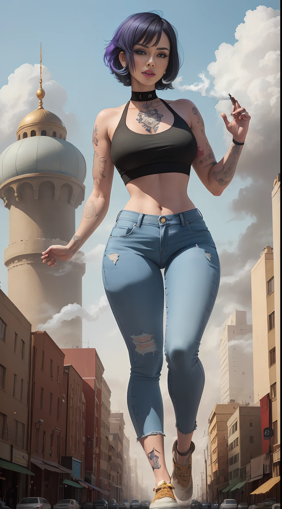 giantess art, giantess, crop top, jeans, hands raised, runied, middle eastern city, mosque, blue colored short hair, bob cut, smoke, sandstorm, (((towering over you))), (full body), feminist, lgbt, colorful tattoos, heavy makeup, piercing, smirking, smoking cigarette, enjoying, 500 meters tall