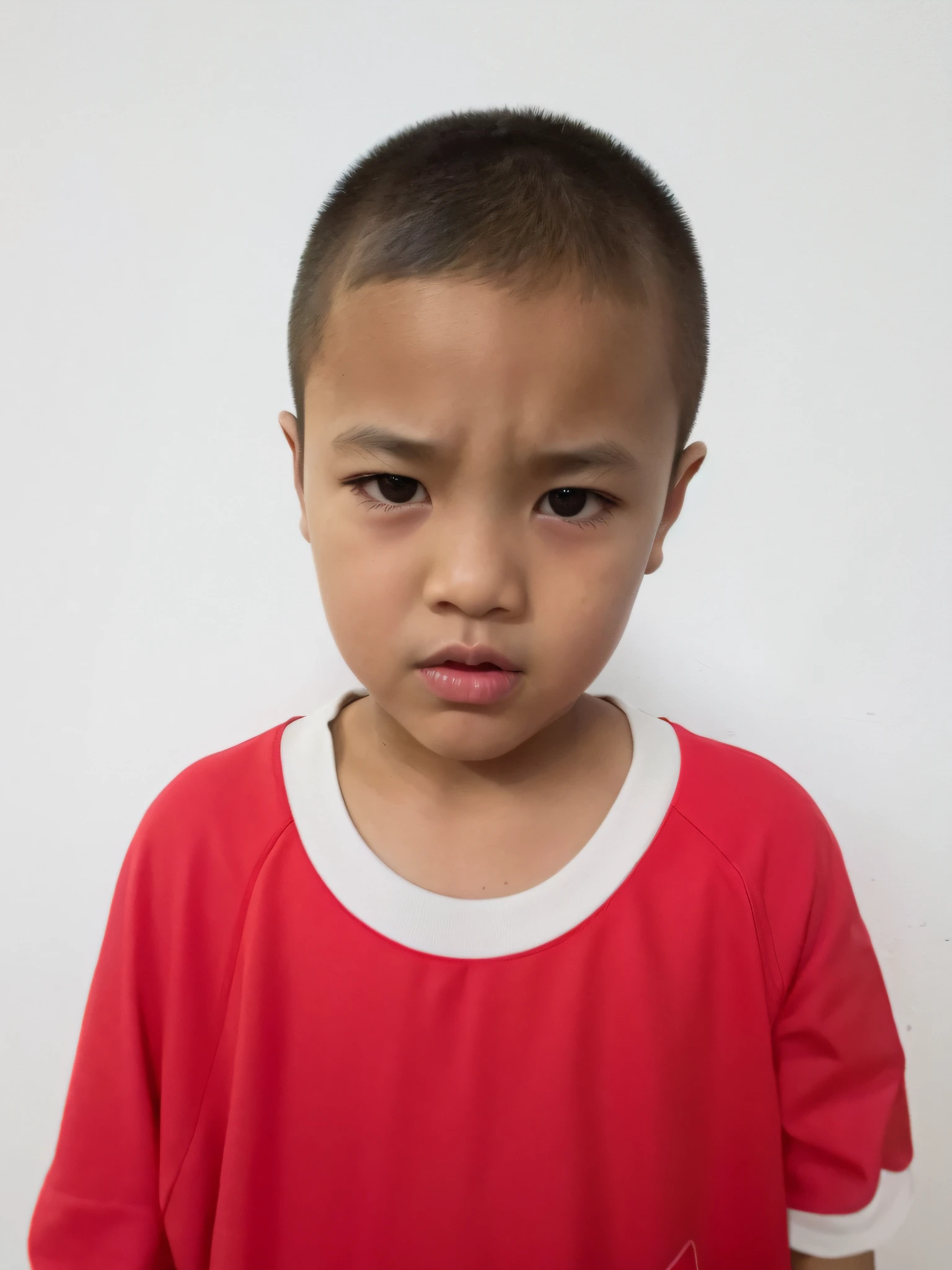 there is a young boy that is wearing a red shirt, boy with neutral face, with serious face expression, boy has short black hair, with a sad expression, thawan duchanee, young boy, young child, boyish face, 4yr old, detailed face of a asian boy, south east asian with round face, nivanh chanthara