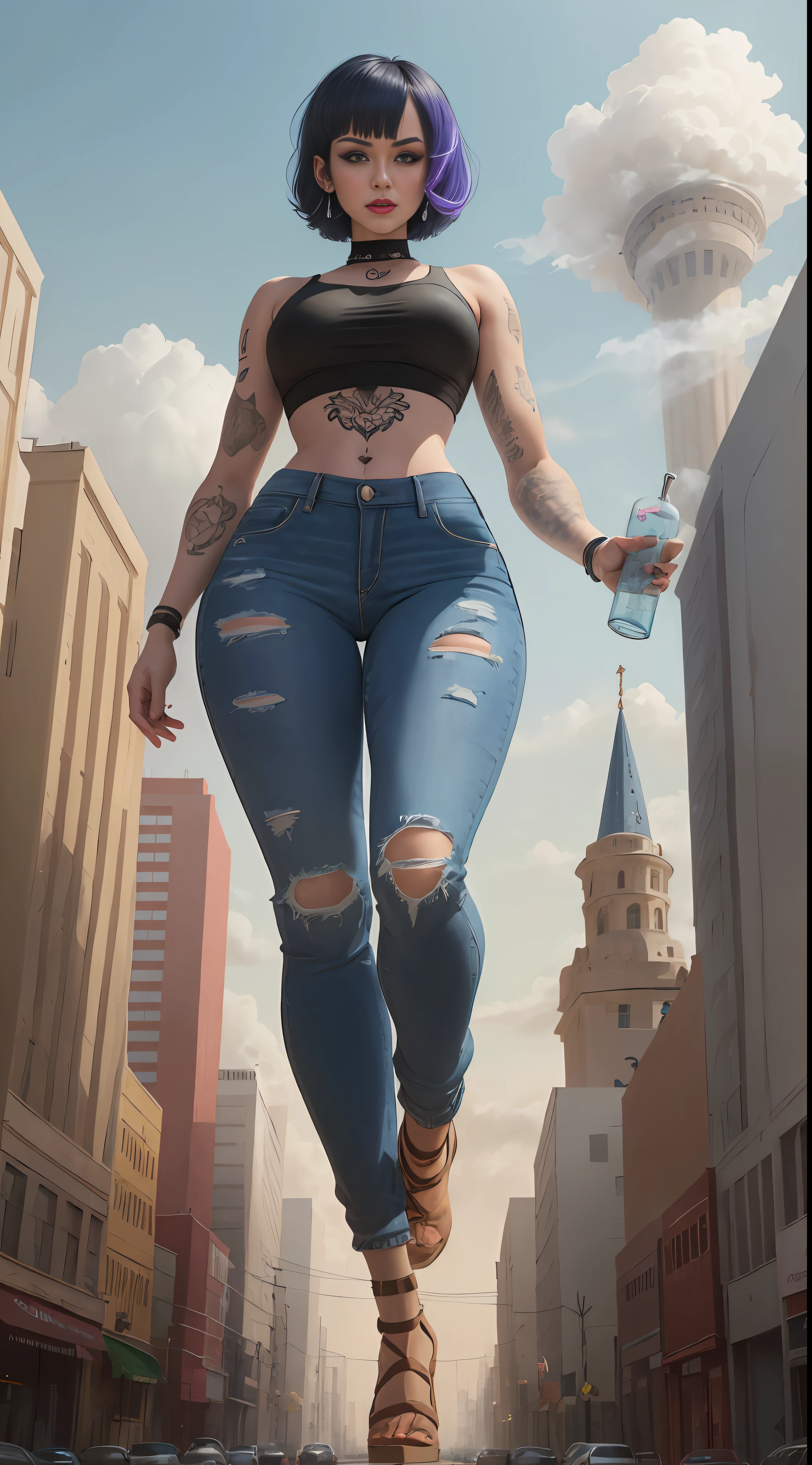 giantess art, giantess, crop top, jeans, hands raised, holding vodka, runied, middle eastern city, mosque, blue colored short hair, bob cut, smoke, sandstorm, (((towering over you))), (full body), feminist, lgbt, colorful tattoos, heavy makeup, piercing, smirking