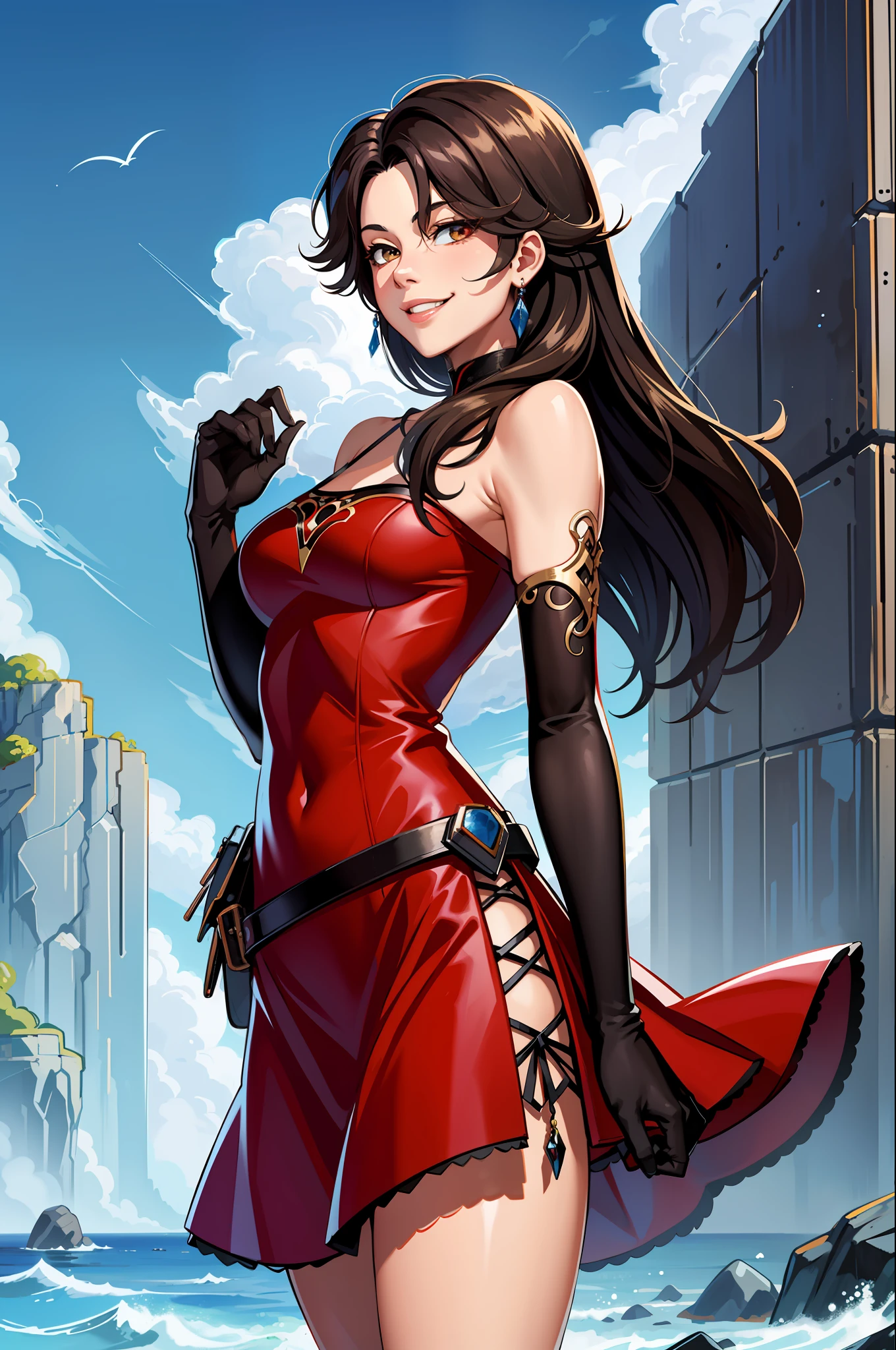 (masterpiece, best quality: 1.2), cowboy shot, solo, 1 girl, evil smile, looking at the viewer, long hair, red dress, elbow gloves