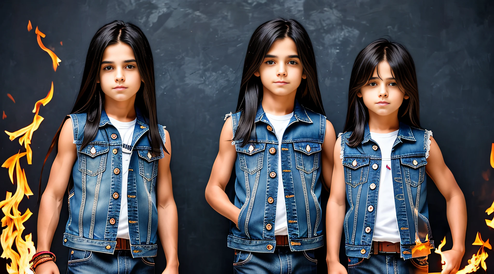boys ren dark hair WITH LONG STRAIGHT HAIR, WITH FIRE STRAW TORCHES IN HAND, BLUE BACKGROUND. SLEEVELESS DENIM JACKET.