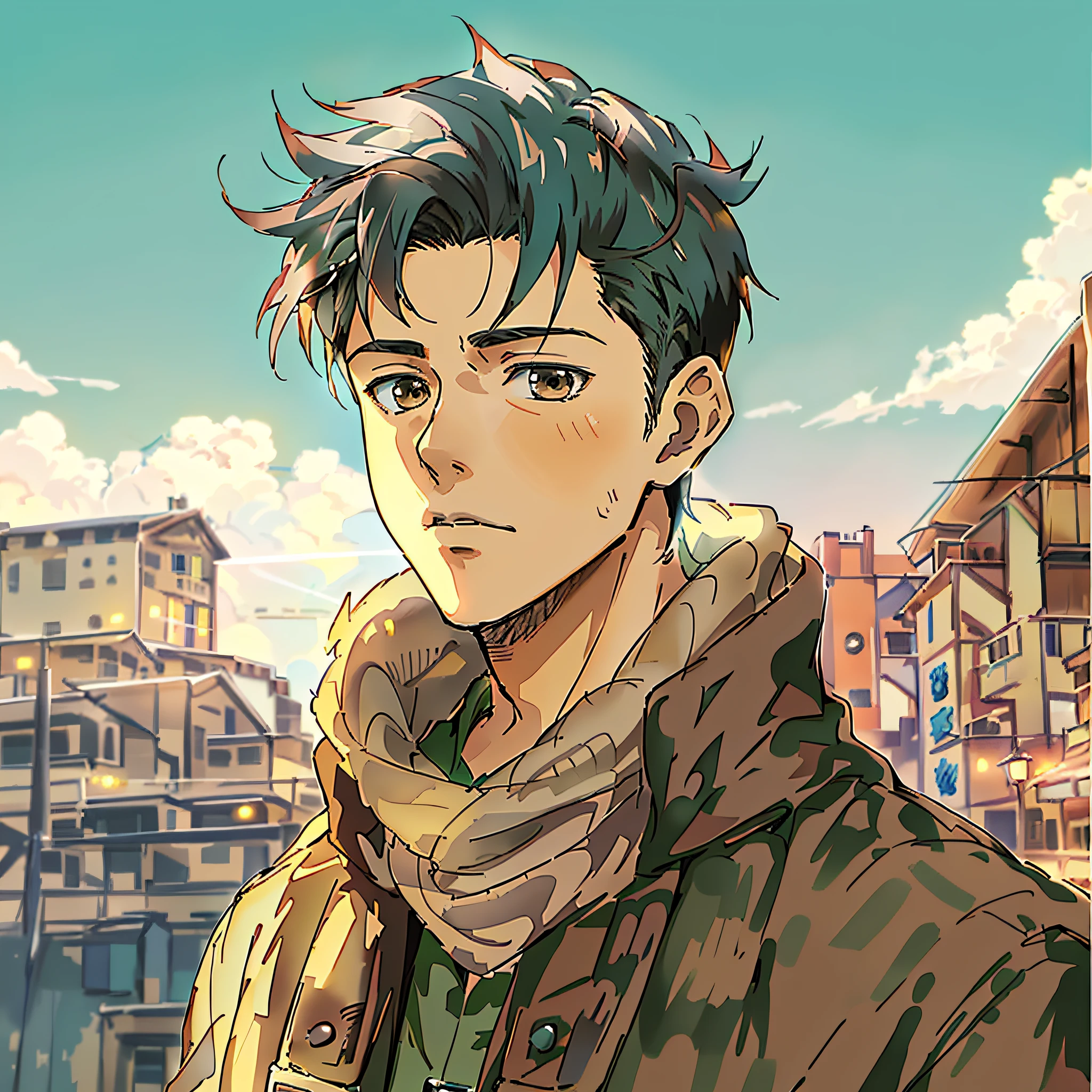 anime - style image of a man in a brown jacket and scarf, anime handsome man, makoto shinkai ( apex legends ), anime portrait of a handsome man, kentaro miura art style, made with anime painter studio, kentaro miura manga art style, makoto shinkai art style, makoto shinkai style, painted in anime painter studio