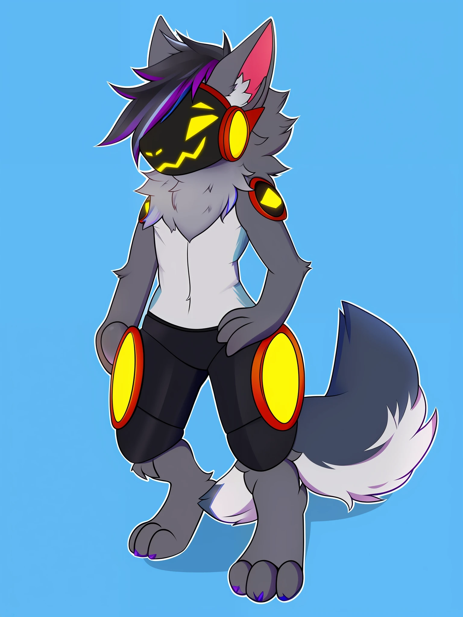 by zackery911 Small male protogen, , paws instead of hands and feet paws visible four fingers, (dark gray body: 1.2), fluffy, ((blue fur highlights: 1.05)