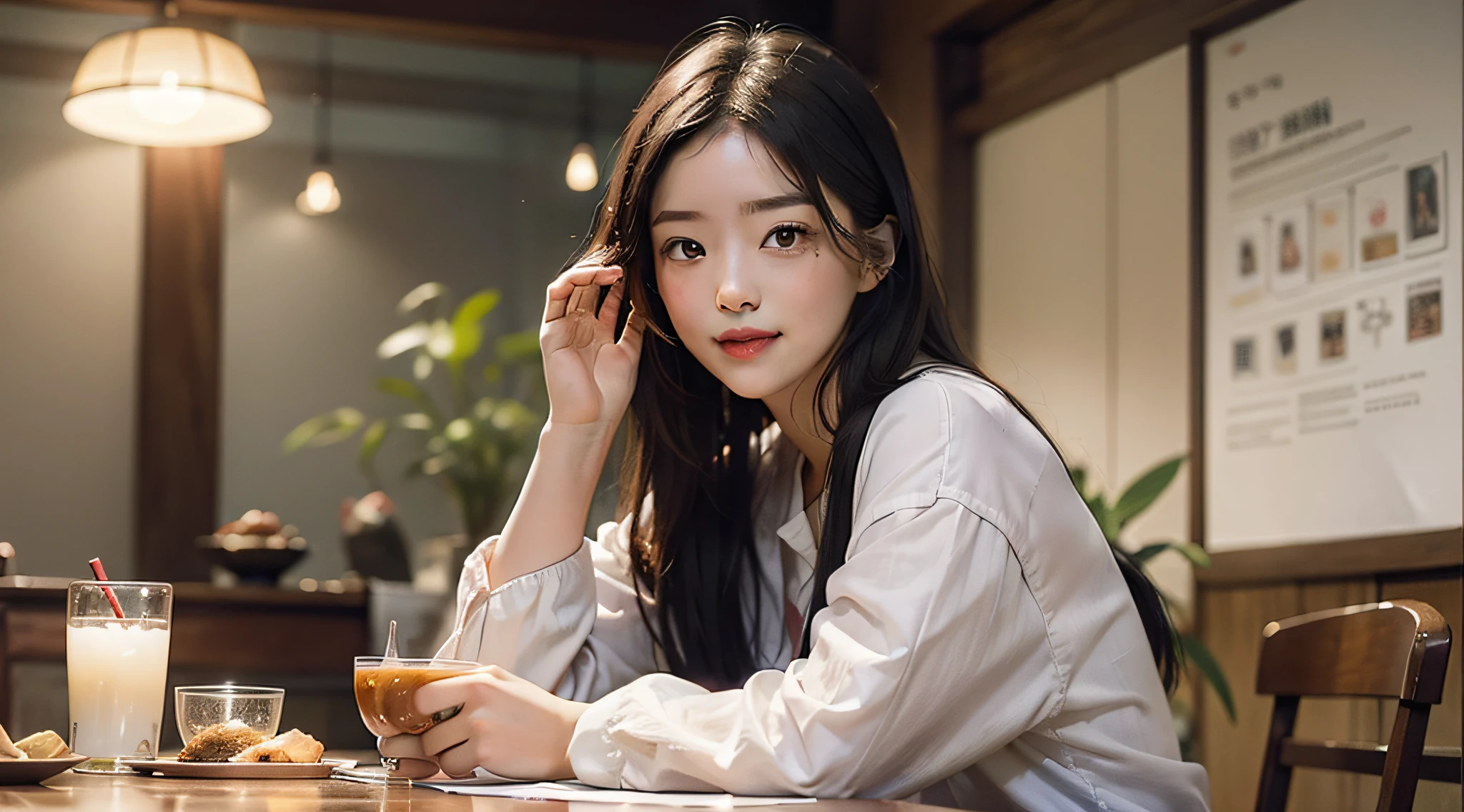 High Quality, Best Quality, 1 Woman, Real, Live Action, Japan Person, Frontal, 28 years old, Big tits, Glowing face, Black hair, Straight hair, Pink lips, Natural skin, Light eyebrows, Little Long Hair, Room Wear, Dinner, Eat, In front of you, Boyfriend, Staring, Quiet, Affection, Serious, Facial Expression, Happiness, Table, Conversation, Smile, Romantic, Relaxed, Happiness,