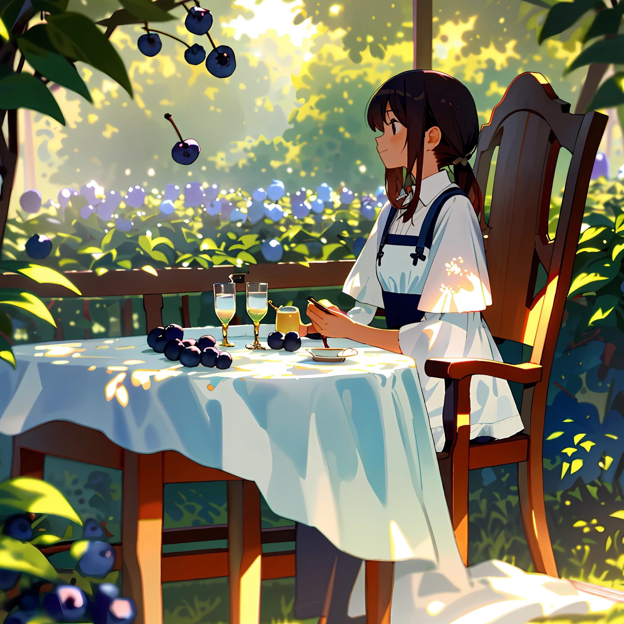 Fruit and tea on a white tablecloth bathed in the morning sun. Girl sitting on chair in blueberry garden.