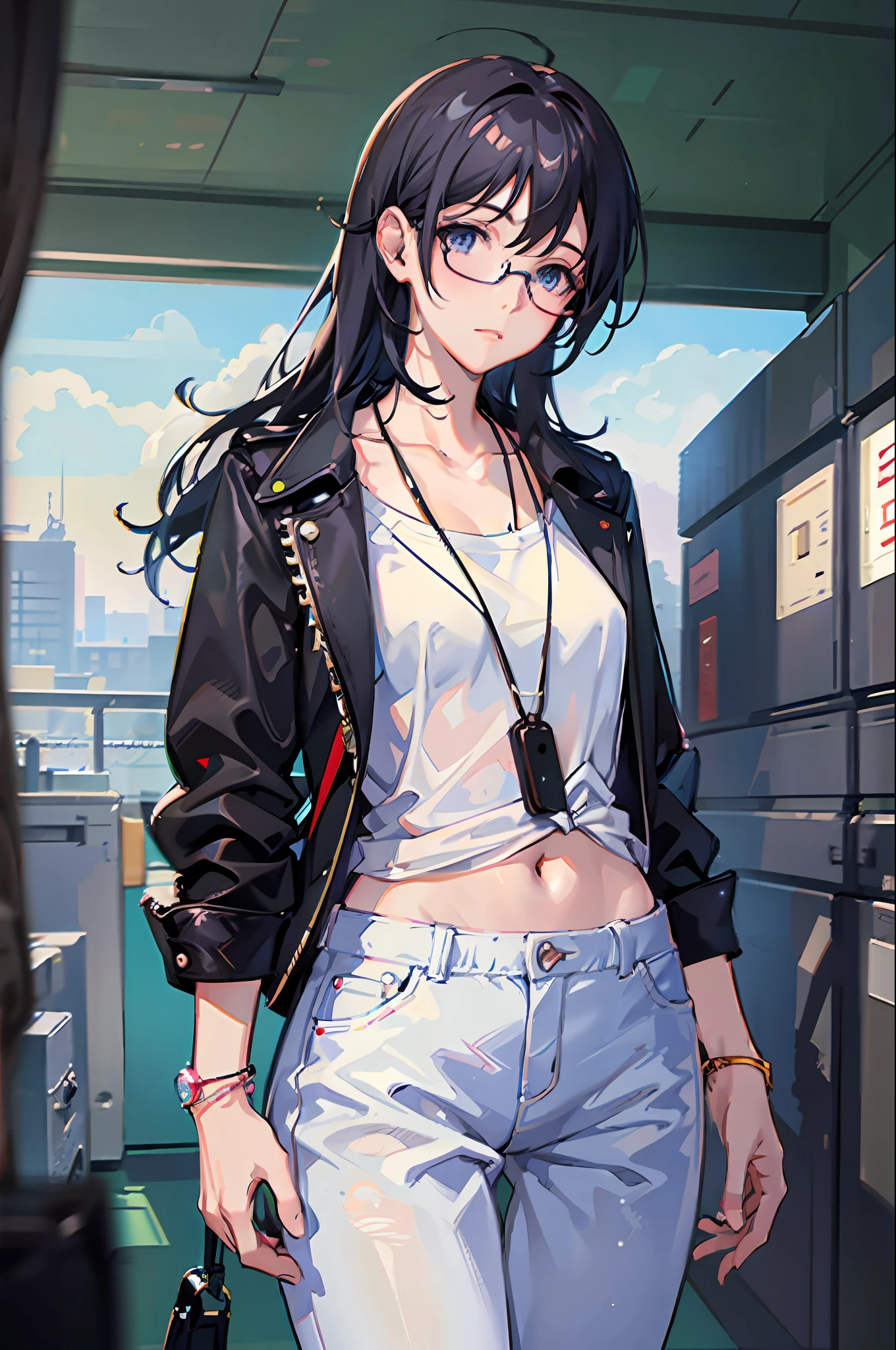 1girl, tomboy, glasses,flat breast, apple, bag, bangs, berry, black hair, black shirt, blue eyes, hair between eyes, jewelry, leaf, looking at viewer, girl focus, necklace, pants, shirt, solo, watch, white pants, wristwatch, messy hair, trending on artstation, 8k resolution, highly detailed, anatomically correct, sharp image, digital painting, concept art, trending on pixiv, style of makoto shinkai,