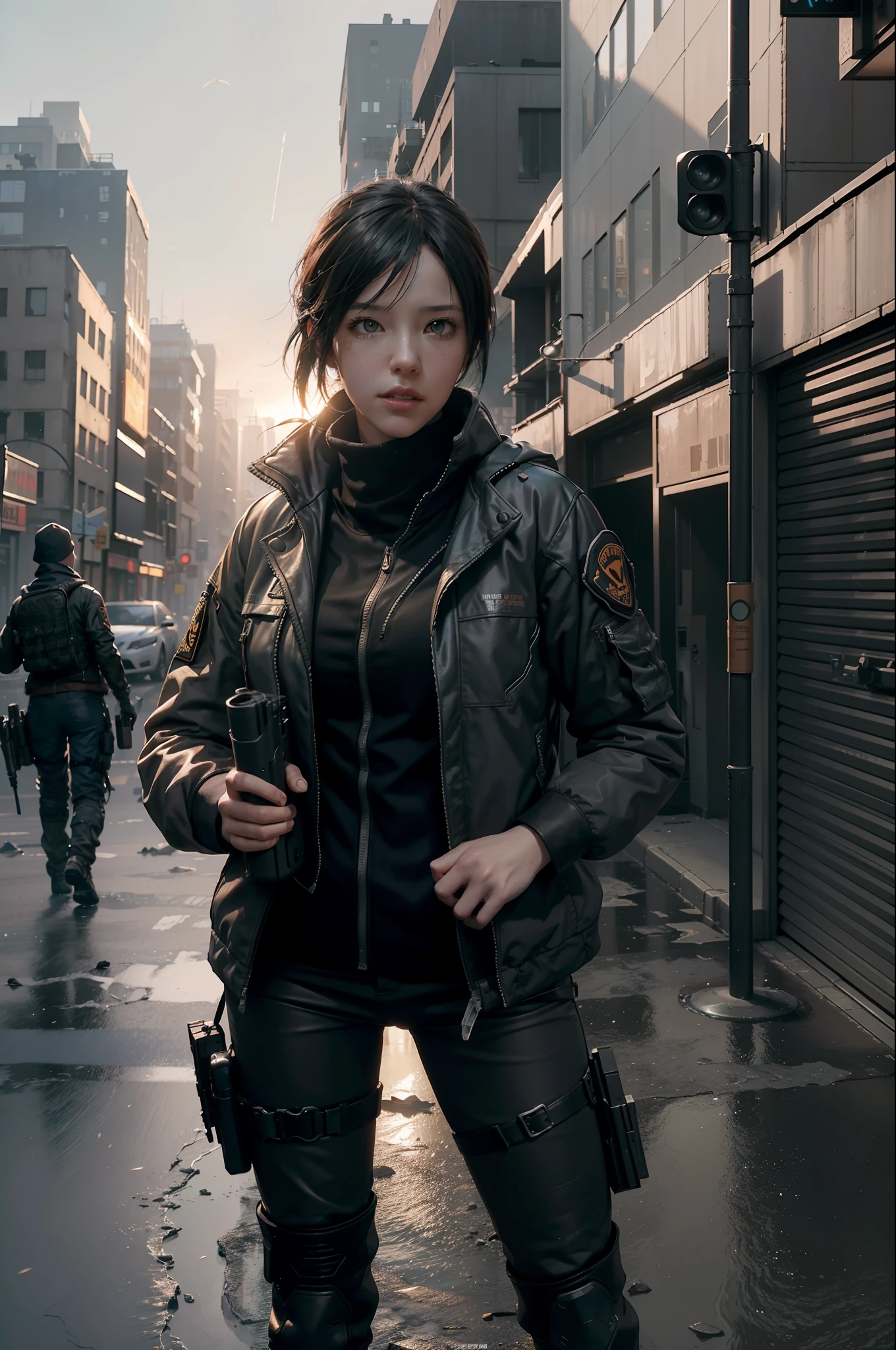 A highly detailed matte painting of a division agent, game the division, in an apocalyptic city, by Makoto Shinkai, by Artgerm, by WLOP, by Greg Rutkowski, volumetric lighting, octane rendering, 4K resolution, trend in ArtStation, Masterpiece, artwork, masterpiece