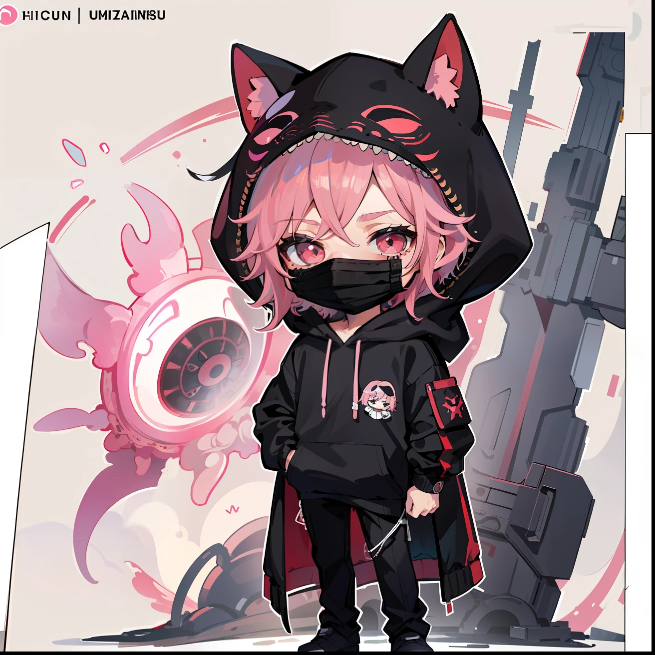 1boy, (Chibi:1.4), cute, adorable, full body, color illustration, (black mask:1.2),standing, pink hair,(hooded:1.2),black hoodie,black pants,plain background, (best quality, masterpiece:1.2), (intricate details:1.2)