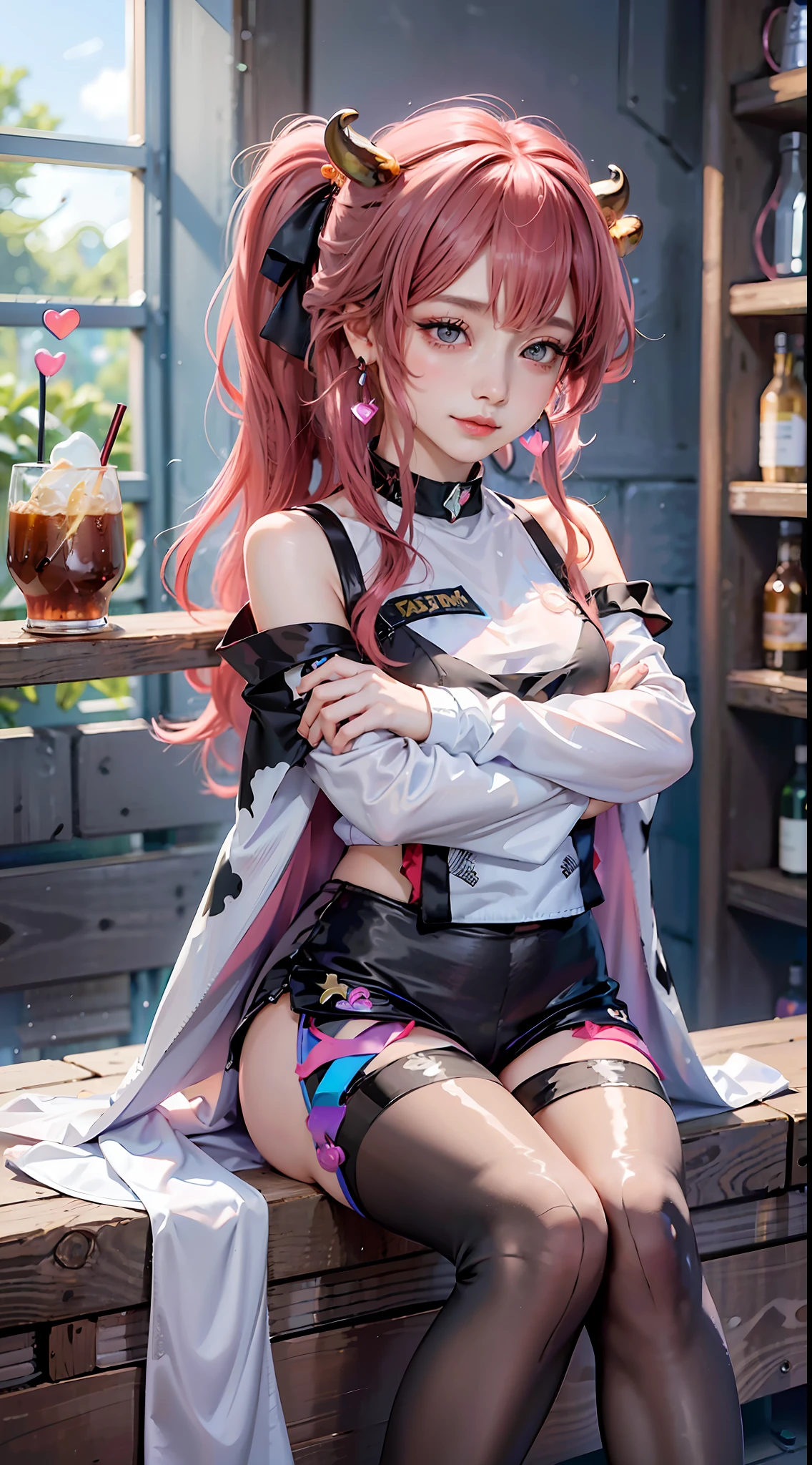 masterpiece, absurdres, Panorama, exquisite facial features, prefect face, shiny skin, (((bunny girl))), solo, (((bar censor))), (thick lips), (((blush))), (scared), (((nose blush))), (light smile), ((long hair)), ((red hair)), (blue hair), (rainbow-like hair), (((high ponytail))), (((heart hair ornament))), (choker), (metal collar), (drop earrings), (sapphire brooch), (((mini crown))), (((T-shirt))), (((transparent clothes))), (((black leggings))), wet clothes, ((cape)), (leaning forward), (holding cup), (((bar))), (((genshin impact))), (((short shorts))), (((cow horns))), ((((hugging own legs)))), cat pose, holding book, holding wand, holding umbrella, holding flower, object hug, holding heart, indoor, gym, laboratory, library, stars, universe, azur lane, dreamlike, opal render, ((4koma)), (album cover)
