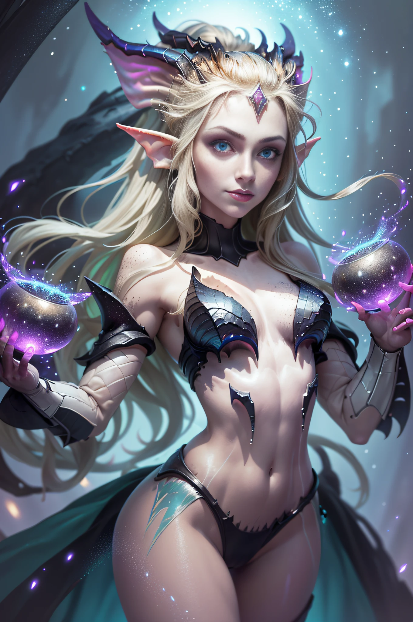 a portrait of a elf girl with freckles and bright striking blue eyes posing for a photo full body shot, bare shoulders, muscular, fit, defined abs, thongs, (prominent cameltoe) white freckles, long flowing green hair flying, glowing radiance, beautiful pale makeup, color portrait, stunning portrait, elegant freckles, wearing black thongs with glowing runes of power, black gloves, star-shine, gold dust spread across her skin and her face, (dark, hyper-realistic photos (((portrait))) refraction ,Dark background of magical night forest, deep woods, towering ruins, starlight skies