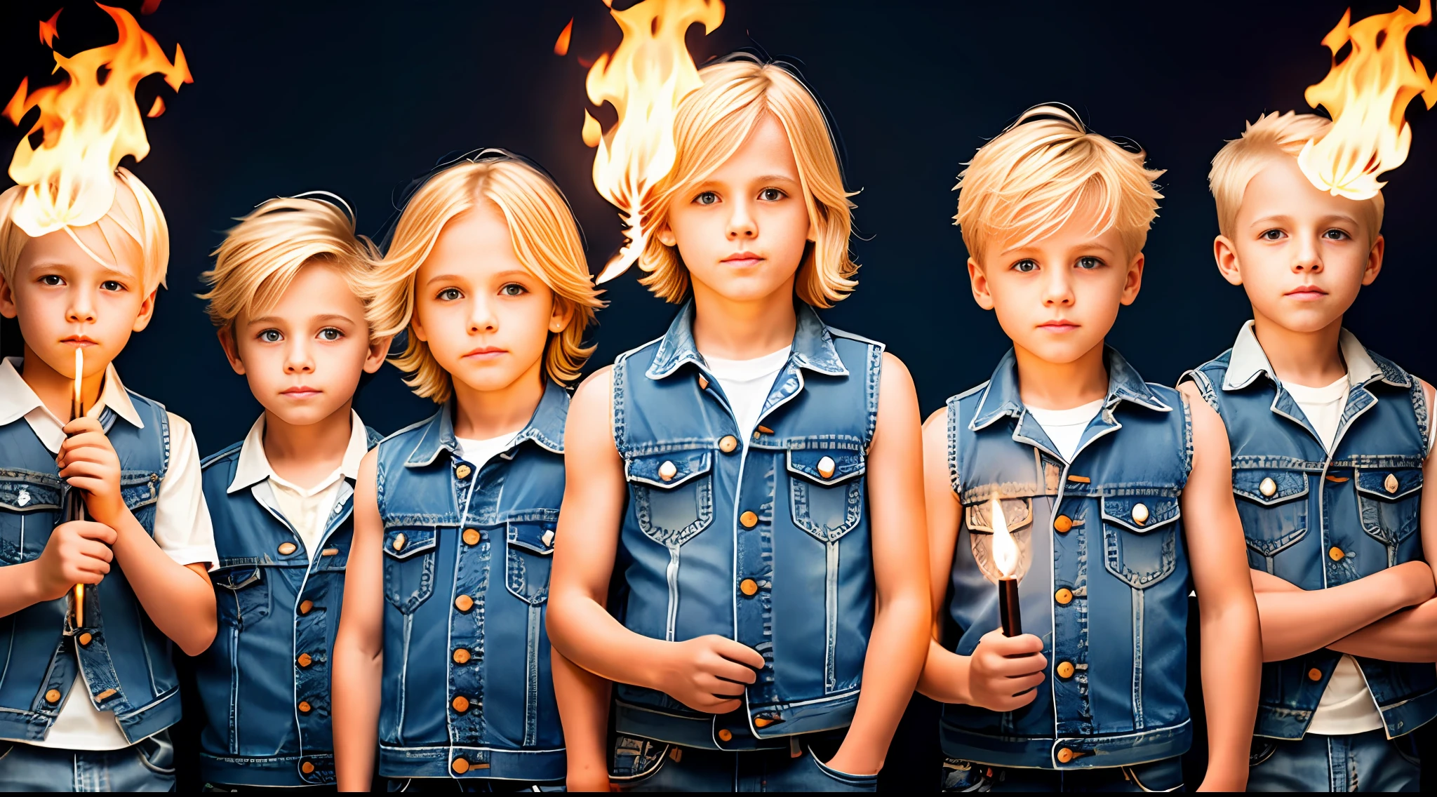 5 boys blonde children WITH STRAIGHT HAIR, WITH TORCHES OF FIRE STRAW IN HAND, BLUE BACKGROUND. SLEEVELESS DENIM JACKET.