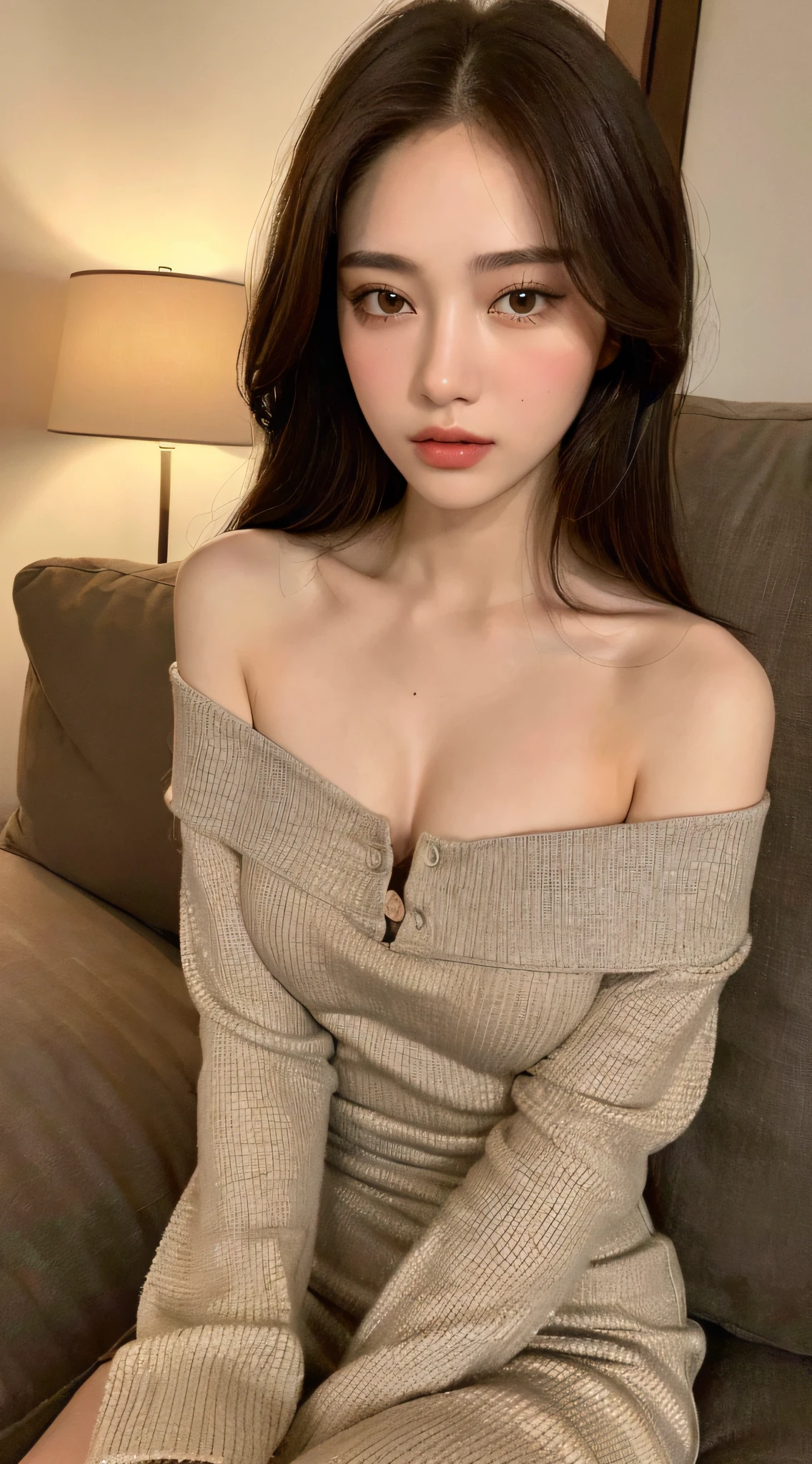 ((Night view, realistic light, best quality, 8k, masterpiece: 1.3)), 1girl, pretty woman with slim figure: 1.4, (brown hair, medium breasts: 1.3), off-the-shoulder cut top: 1.3, sofa, super detailed face, detailed eyes, double eyelids