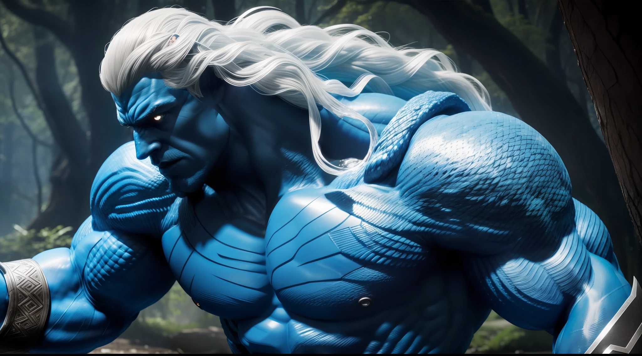 a muscular mythological being extremely strong, blue scaly translucent skin, red eyes, long white hair,wearing water armor, powerful, able to control nature, around which trees emerging impacting the ground with magic, unreal engine 5, keyshot, octane, artstation trending, ultra high detail, ultra realistic, cinematic,16k