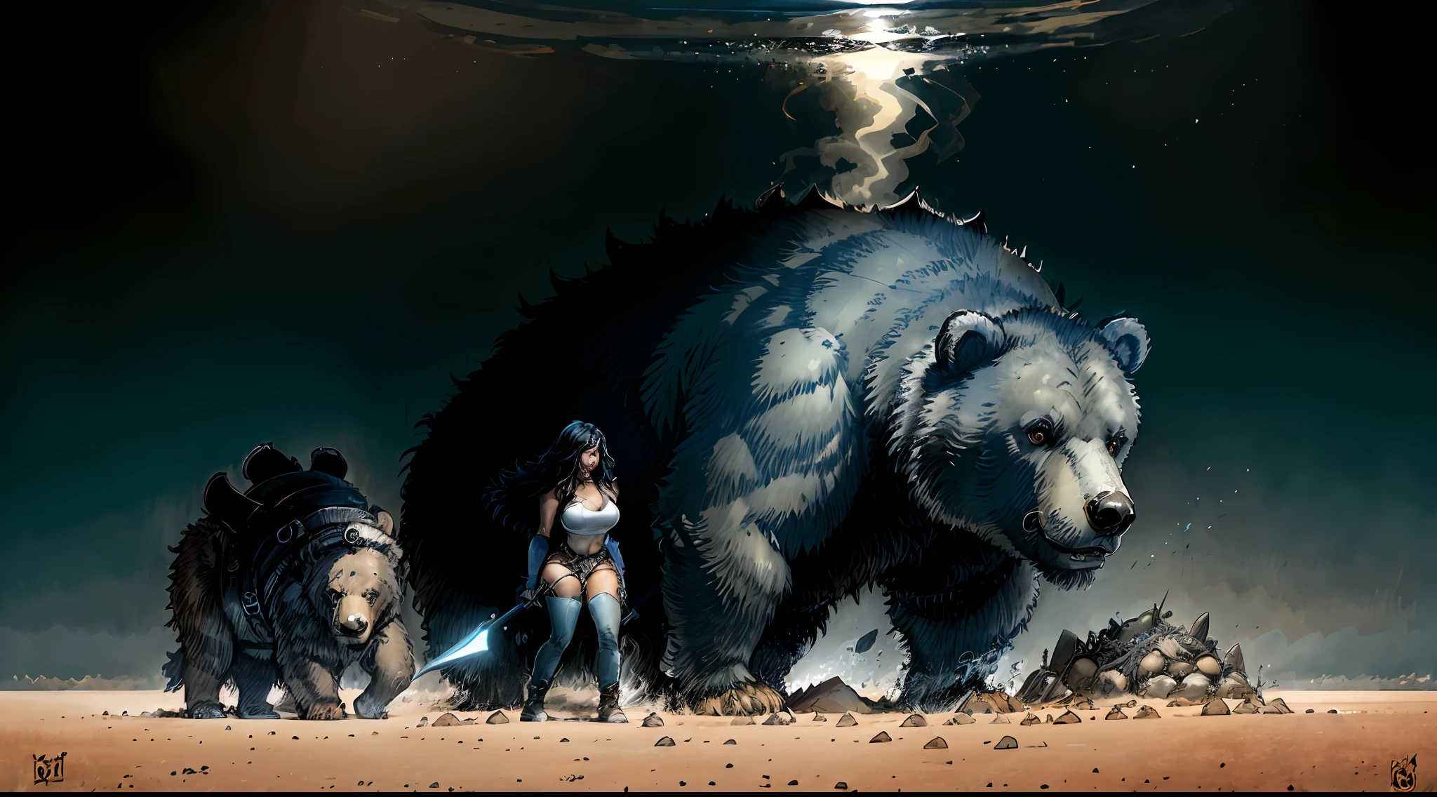 Demi Rose beautiful female figure in front, The scene is highly detailed,this is a story in the style comix, giant bear with two heads and large teeth,she puts herself in a fighting position, she fights the bear with a sharp spear, several fight scenes, with characteristics of the character and the fixed bear, she wears torn and dirty jeans, gorgeous and soon straight black hair,