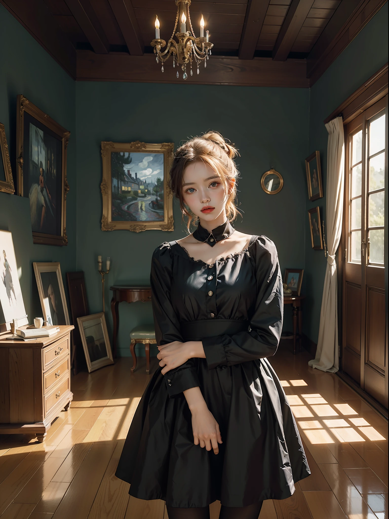 Elegant woman, scattered clothes, artistic interior, vibrant colors, Vincent Van Gogh's style, surrealistic ambiance, rendered with Octane, dynamic lighting.