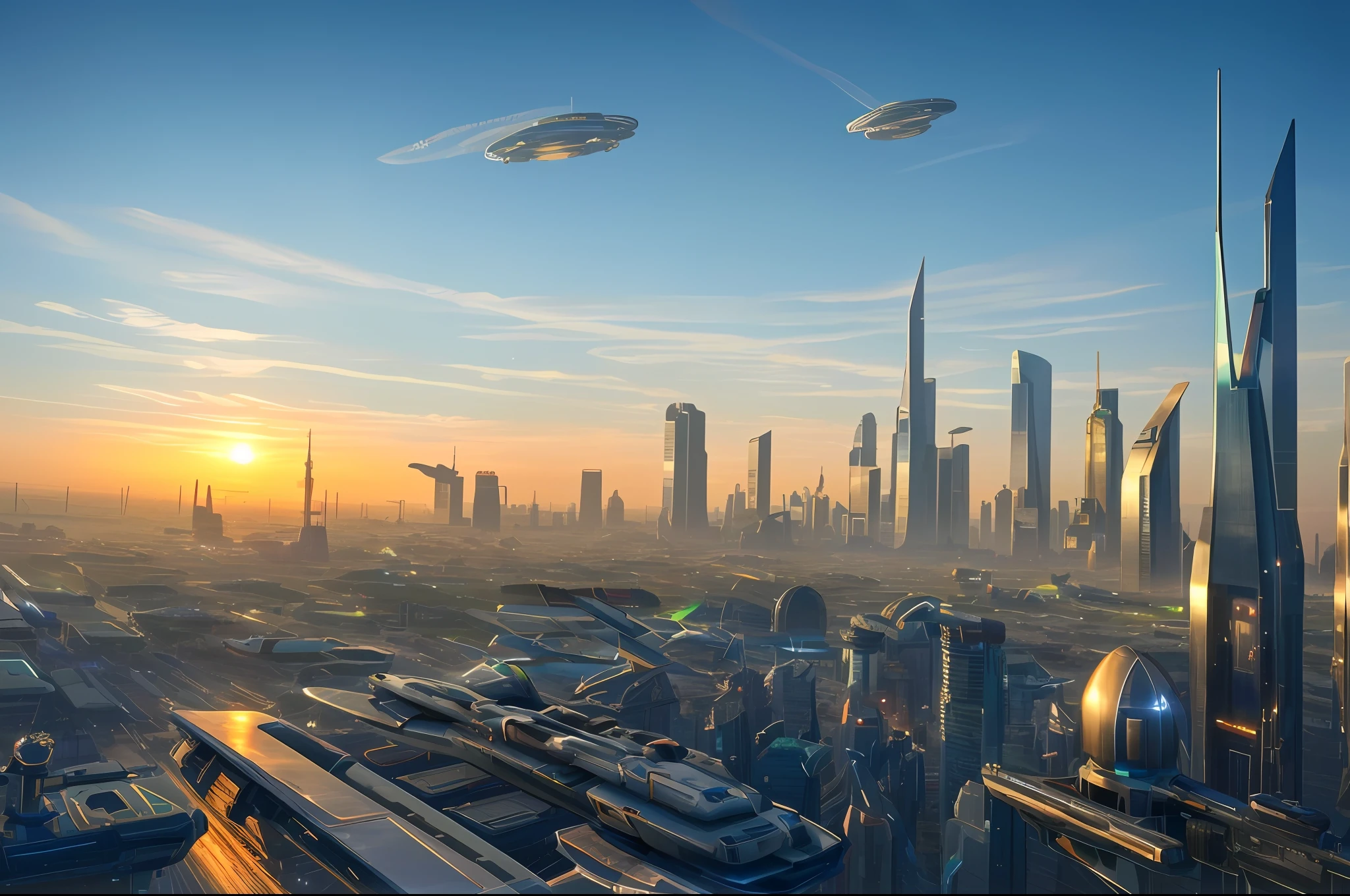 Spaceship flying over city in space station, planets in background, highly Arstation and Beeple, futuristic spaceport, space opera and dystopian style, realistic realistic city in the distance, epic beautiful space sci-fi, photos of futuristic cityscape, futuristic city in background, sci-fi space game art, futuristic, space colony, masterpiece, epic, majestic, best quality, very high resolution, 8k, HDR, digital photography, clear beautiful, iridescent, transparent , translucent, reflection, refraction, diffraction, caustic, volumetric light, volumetric shadow, (very detailed and refined: 1.2), (very delicate and beautiful: 1.2), partial backlight, (lighting outside the sunset frame and nearby lighting: 1.3), (realistic lighting: 1.2), (dynamic color from lighting: 1.2), (complex details: 1.3), ultra-detailed, surreal, (sharp focus: 1.2), (SFW: 1.2),