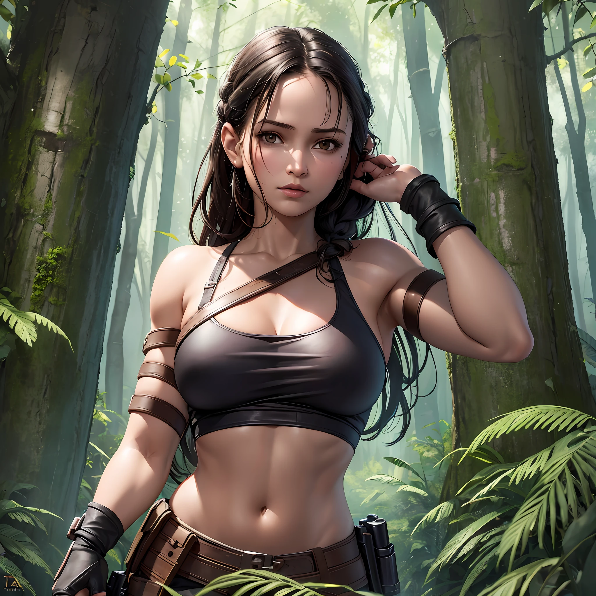 Best Quality, Masterpiece, Ultra High Resolution, (Photorealistic: 1.4), Raw Photo, 1 Girl, Off-the-shoulder, In Dark, Deep Shadow, Restrained, Cold Light, Detailed Skin, (Lara Croft), Forest --auto --s2