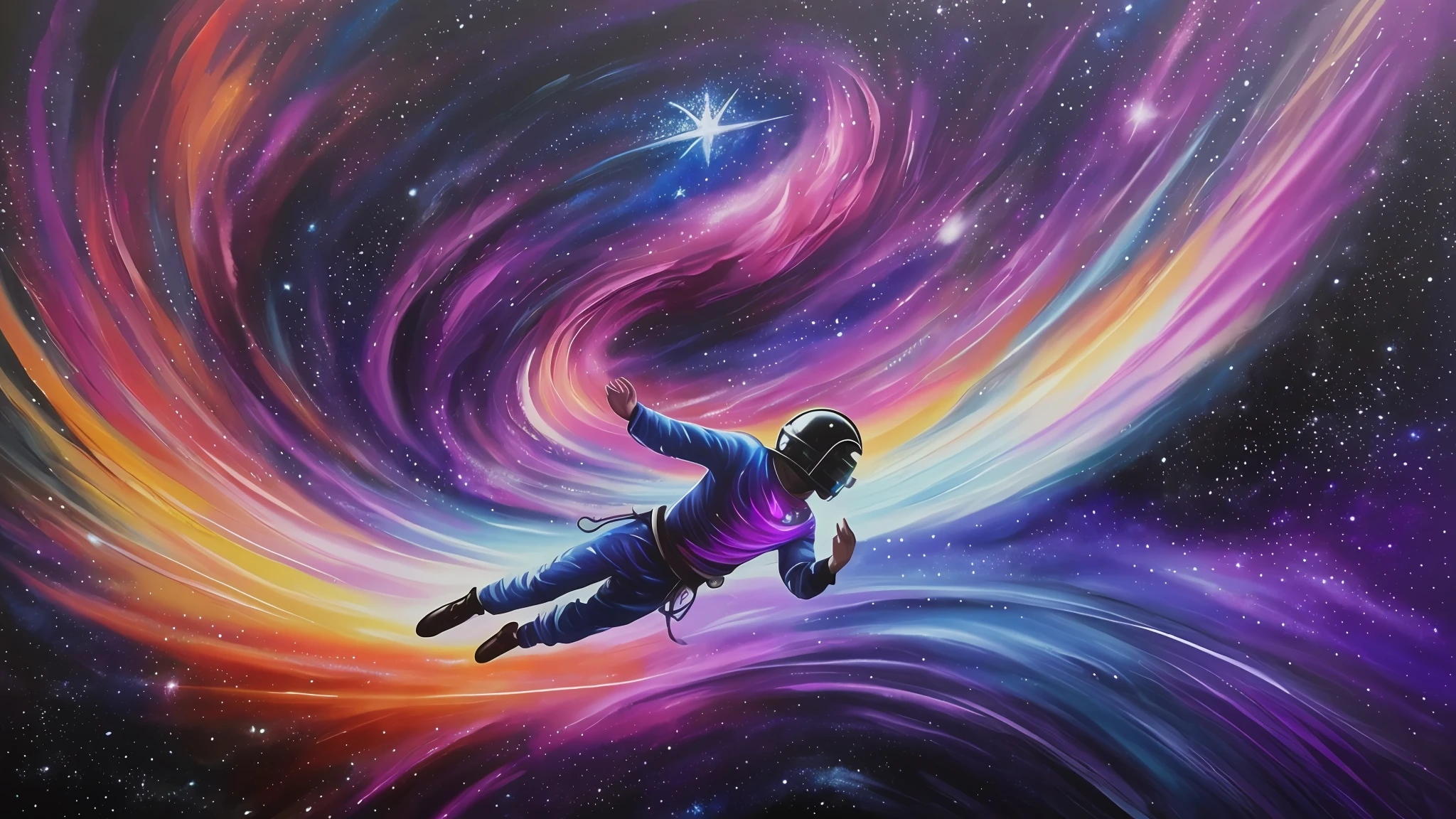 a spirit being, floating in the void of outer space, with colorful stars and nebulae in the background, conveying a sense of solitude and exploration in the vast cosmos, Painting, airbrushing technique on canvas, vibrant light effects,    - --auto --s2
