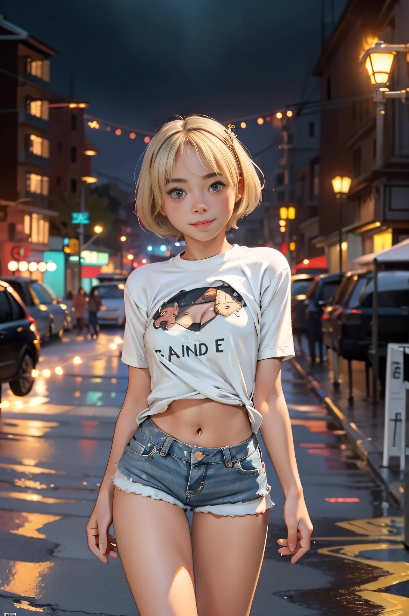 short blonde hair, tiara, big eyes, big breasts, full body, light smile, high detail, social realism, short ripped shorts,white look bab t-shirt,cinematic lighting, character graphic, rainy day background street, overexposure, 360 vision, Canon, UHD, high quality