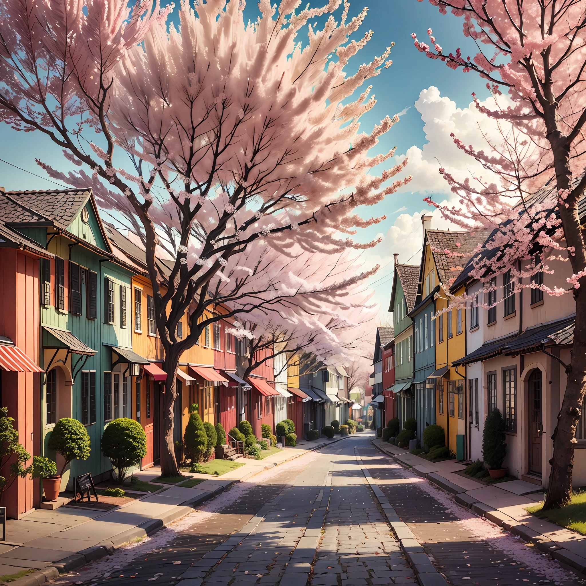 an inland town with trees and greenery in spring, colonial-style houses, cobblestone streets.