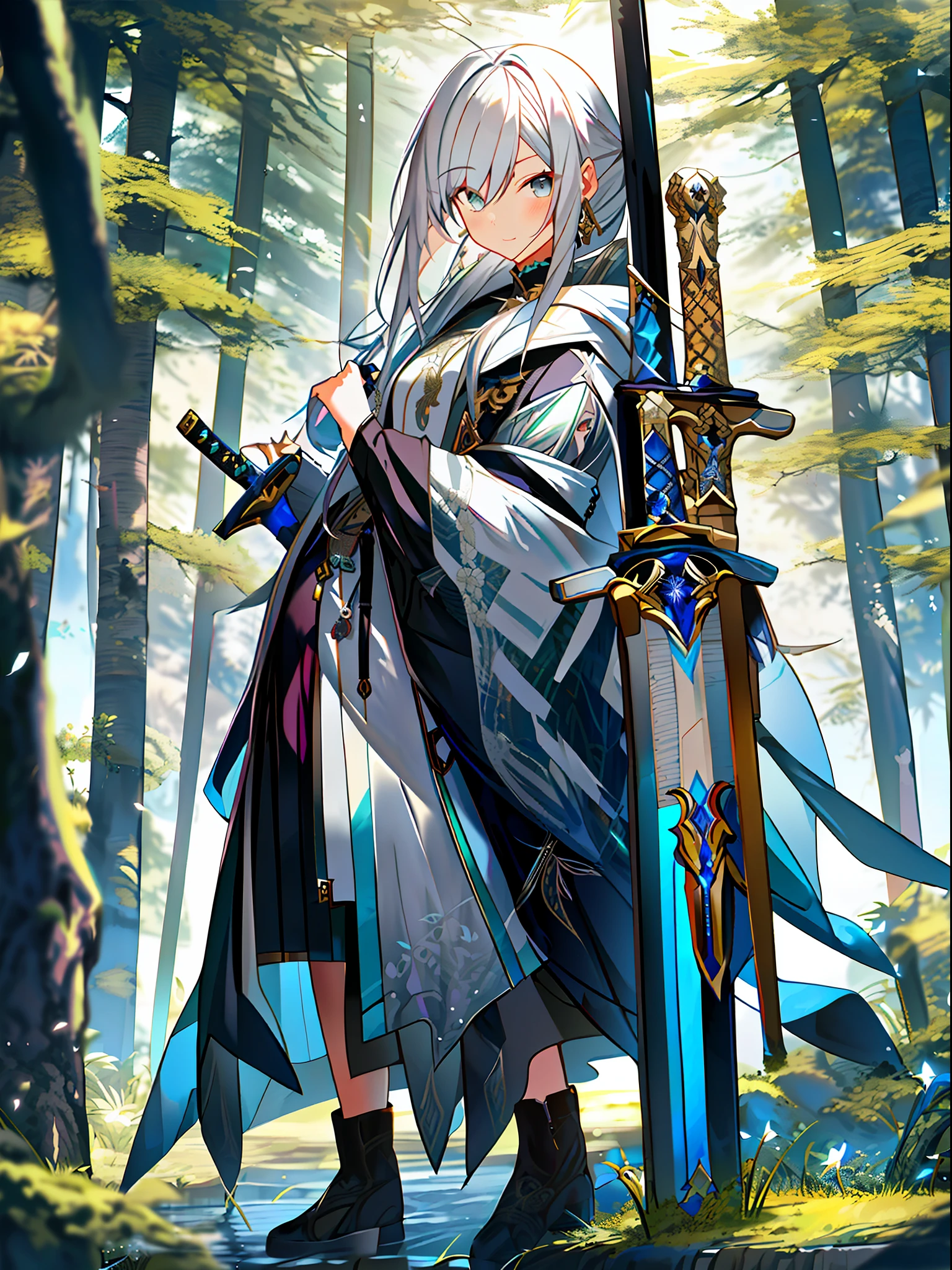 Niji style, Beautifull young lady, silver hair, hoody, wearing fantasy regal outfit, sword, standing on the forest, medium shot, looking at the camera, ((Best quality)), ((masterpiece)), (detailed:1.4)