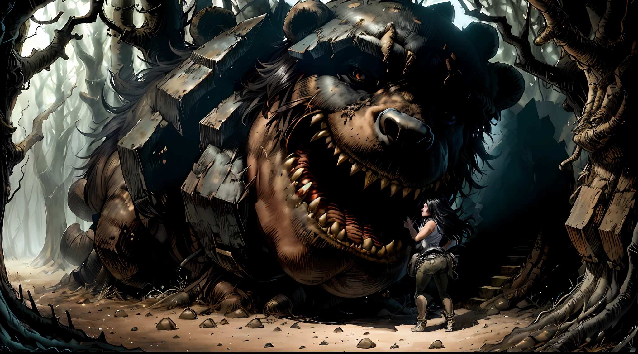 Demi Rose beautiful female figure in front, The scene is highly detailed,this is a story in the style comix, giant bear with two heads and large teeth,she puts herself in a fighting position, she fights the bear with a sharp spear, several fight scenes, with characteristics of the character and the fixed bear, she wears torn and dirty jeans, gorgeous and soon straight black hair, voluminous and gorgeous lips, hostiu, stony environment inside a forest,The lighting is soft and soft, with soft shadows projected on your skin