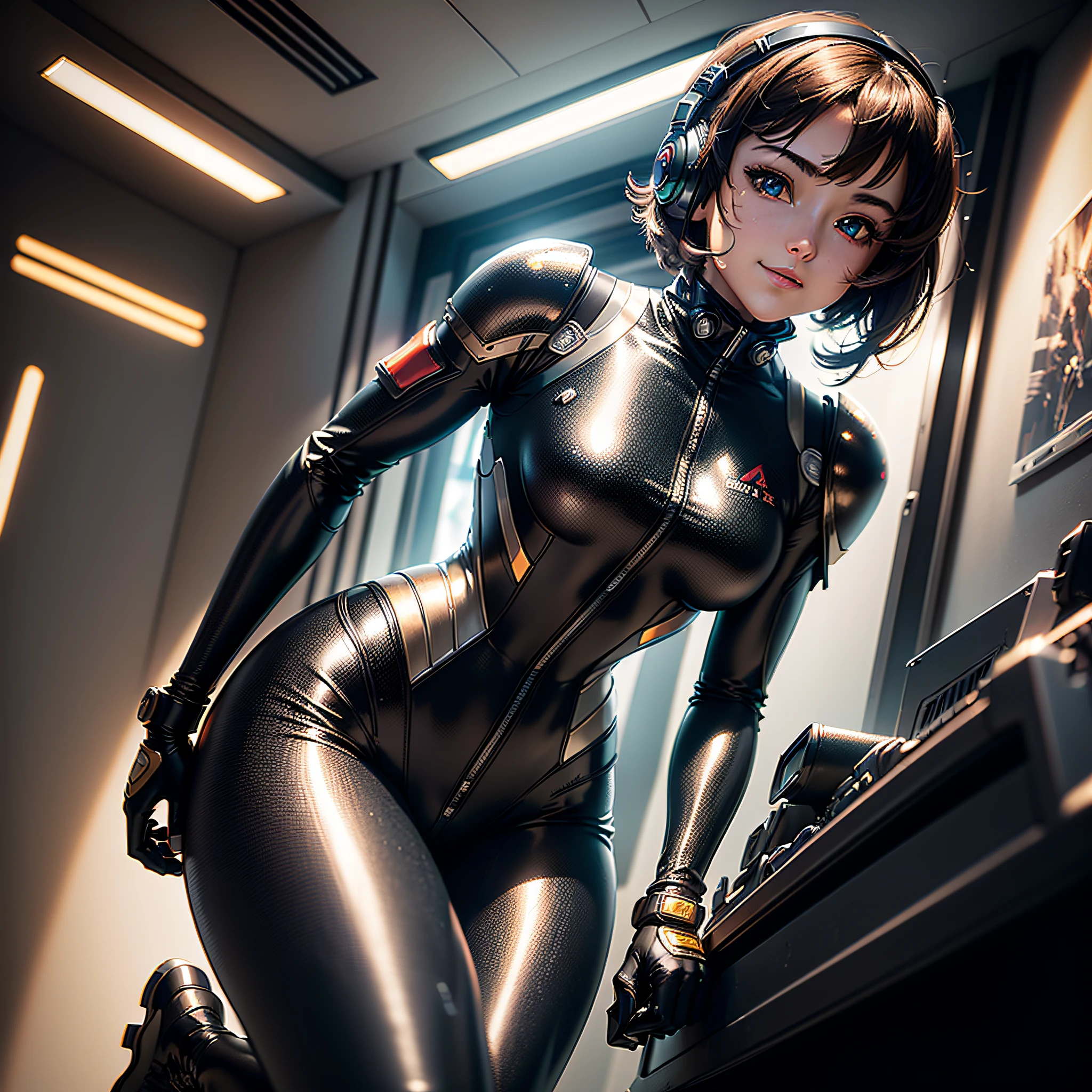 (Masterpiece, highest quality, highest resolution, distinct_image, very elaborate CG, cinematic lighting, ray tracing, drop shadows, detailed detail, (photorealism: 1.4), high quality textures, fine-grained, realistic face expression): (Girl alone, face is Japan, brown-haired girl, short hair, small size breasts, Detailed Gundam cockpit with sparkly black colored eyes, eye level shots, metallic black colored flight suit, tight fitting clothes, full-body covering clothes, light smile, beauty, slim body, exoskeleton, heroine, headset, long boots, gloves, solo ride)