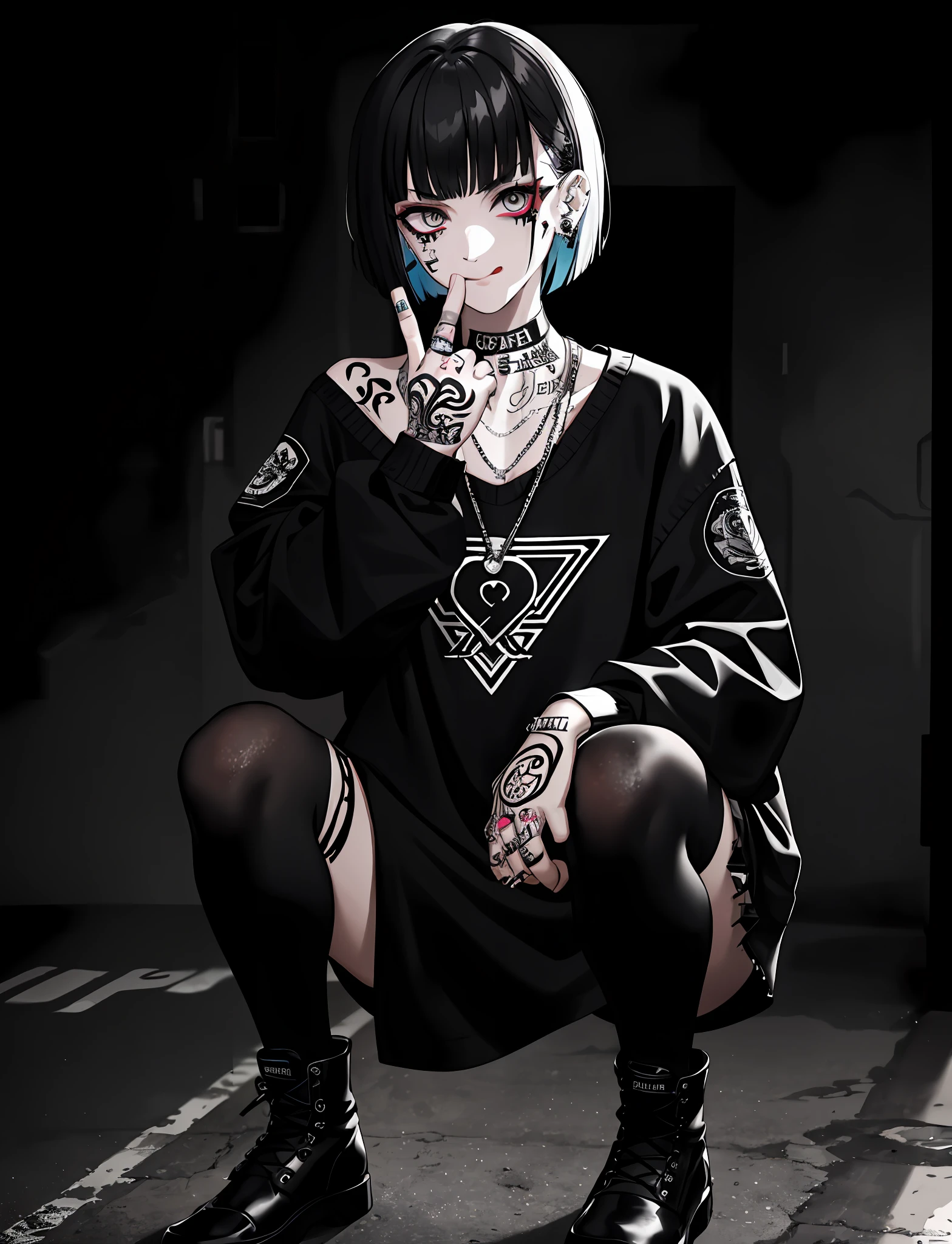 delinquent street punk  in emo style clothes holding up the middle finger, looking at viewer, 1girl,bob cut, (sidelocks:1.3), tongue out, closed mouth, squatting, torn clothes, piercings, jewelry, tattoos, observatory, finely detailed background, amazingly intricate background, incredibly absurdres, best quality