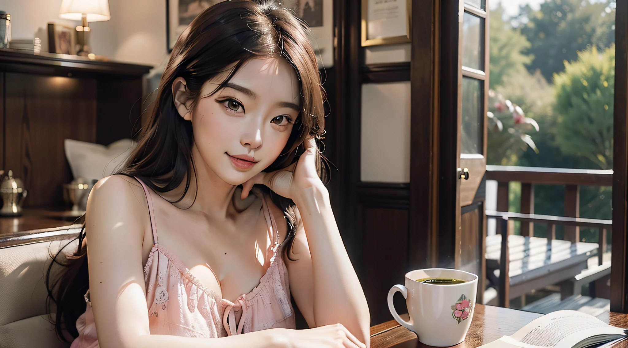 High Quality, Best Quality, 1 Woman, Real, Live Action, Japan Person, Frontal, 28 years old, Big tits, Open chest, Black hair, Straight hair, Pink lips, Natural skin, Light eyebrows, Little long hair, Loungewear, Coffee, Staring, Quiet, Affection, Serious, Facial expression, Happiness, Table, Conversation, Smile, Romantic, Relaxed, Happiness,