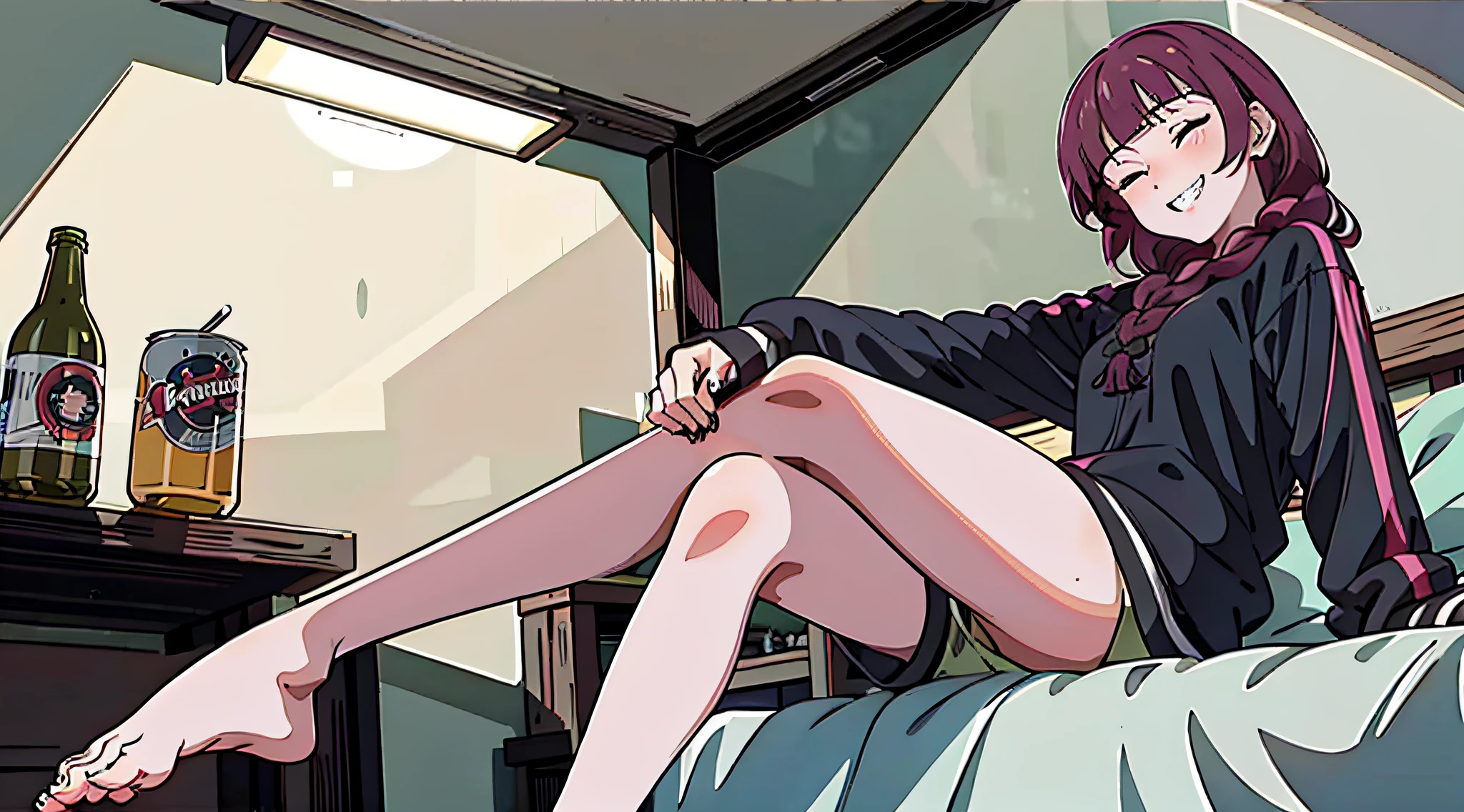 Top quality, high_resolution, distinct_image, detailed background, dark hair, dutch, drunk, drunk, bedroom, windowsill, anime, upward eyes, bare feet, slender figure, smiling showing teeth (eyes closed), crossed legs, on bed, sitting with legs crossed, overhead view, can of beer, children's room, night, black hair
