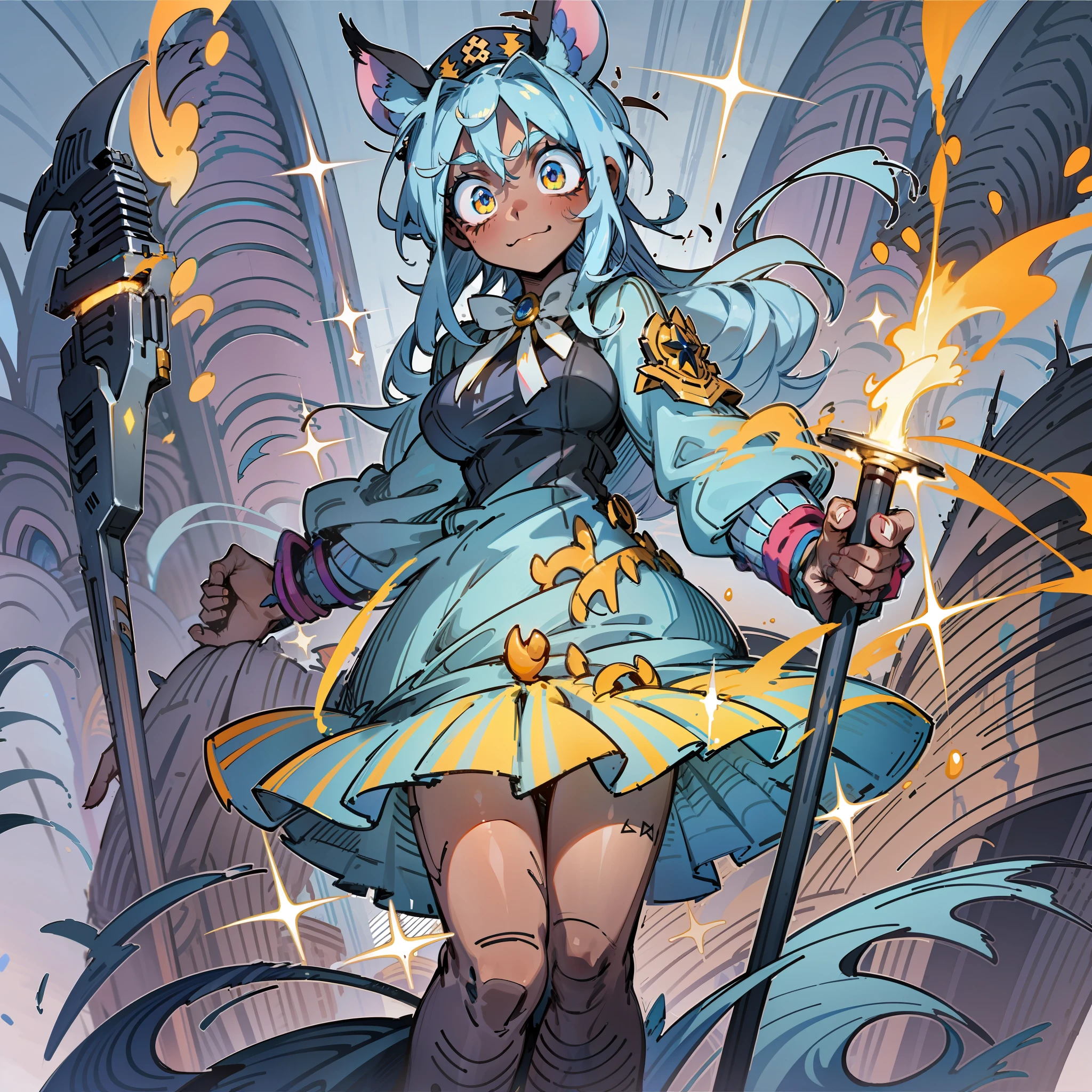 dark skin, rat ears, solo, happy look, excited look, closed mouth, calm look, large breasts, holding torch with rainbow flames, 1girl, dark skin, adult, tall, standing, white eyes, bright eyes, silly clothes, nonsense shorts, silly cap, blue mouse ears, blue mouse tail, blue hair, high detail, metallic claws, battered clothes, medium bust, burnt dress, scratched dress, burnt clothes, blue mouse ears, fire in the background, full body