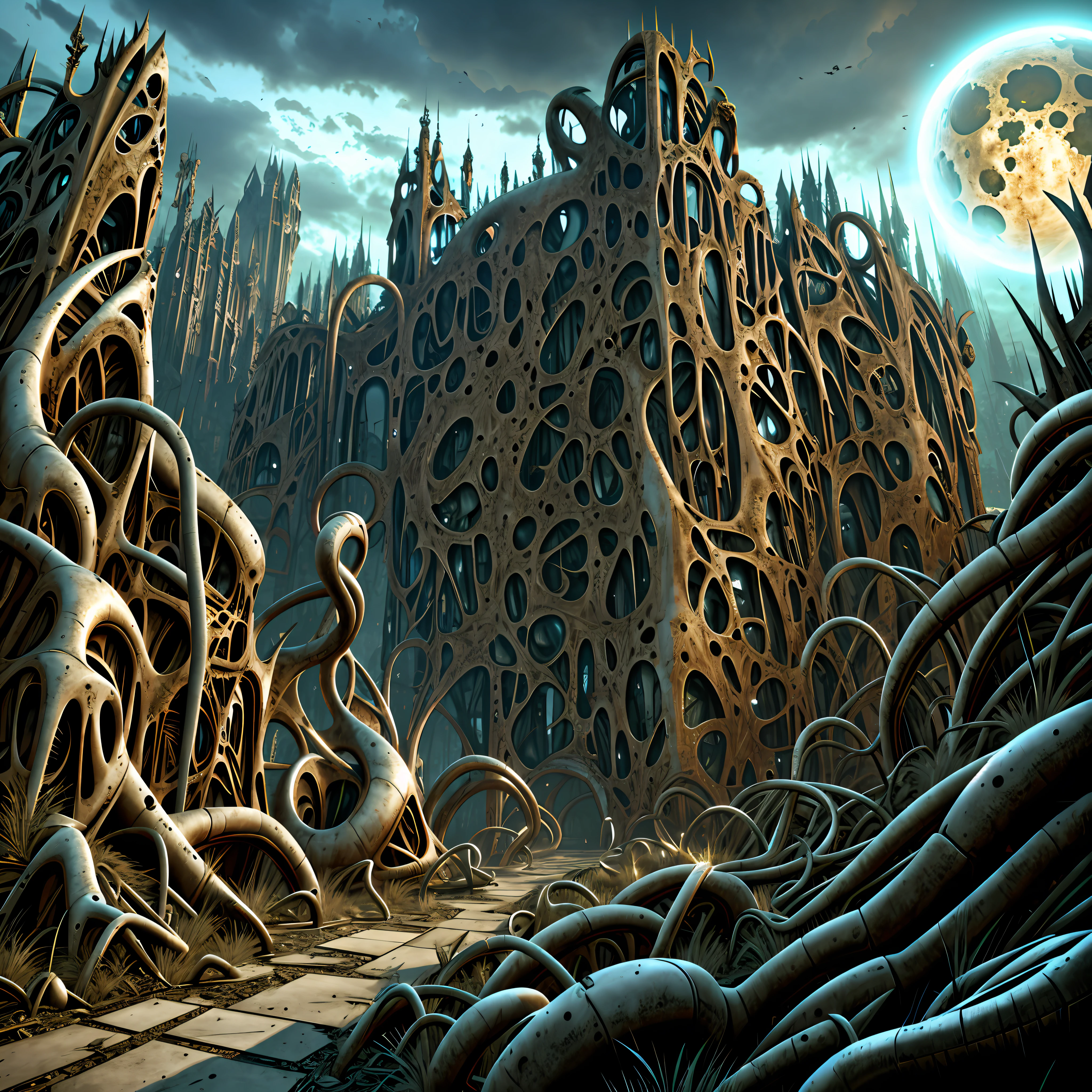 Biomorphic devastation. Horror art landscape in background. complex biomechanicals monuments, spiked walls, madness, artstation, uhd, unreal engine, line art drawing style.