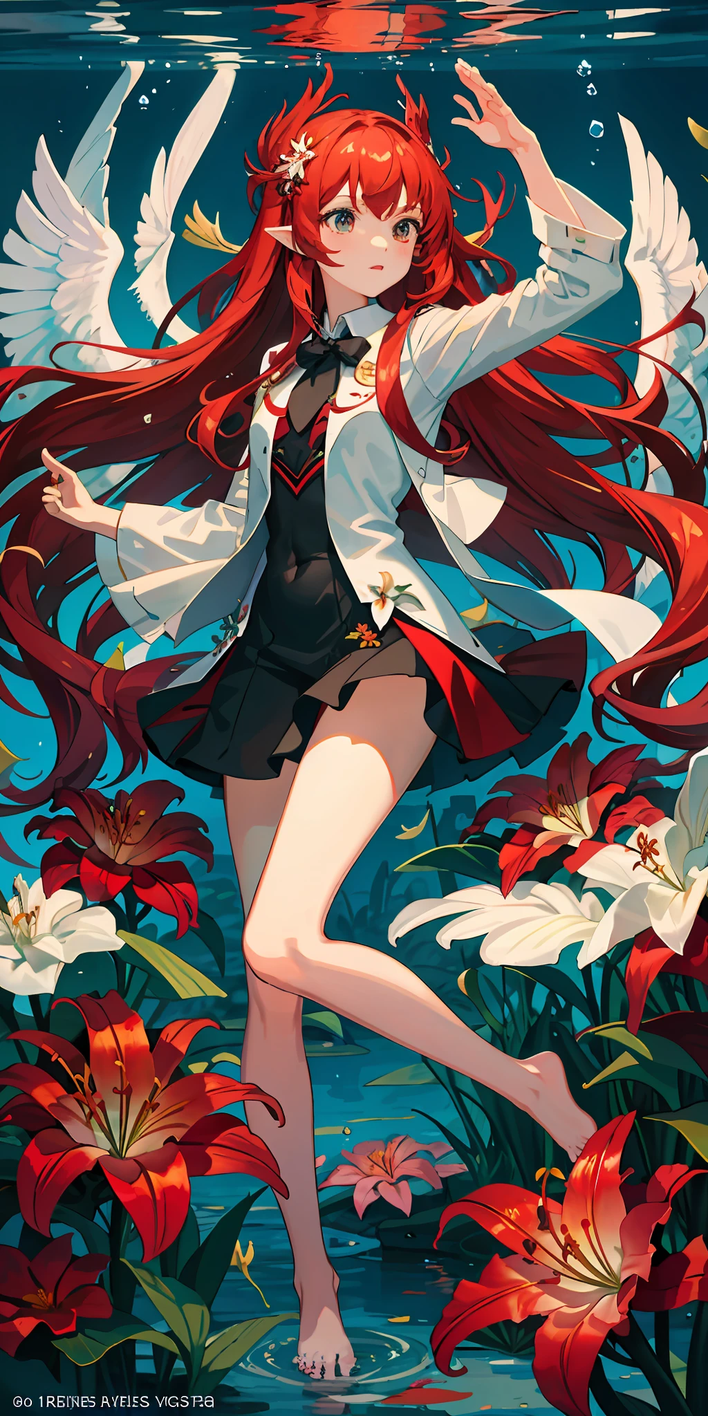 girl underwater, long red flowing hair, angel wings, lily flowers