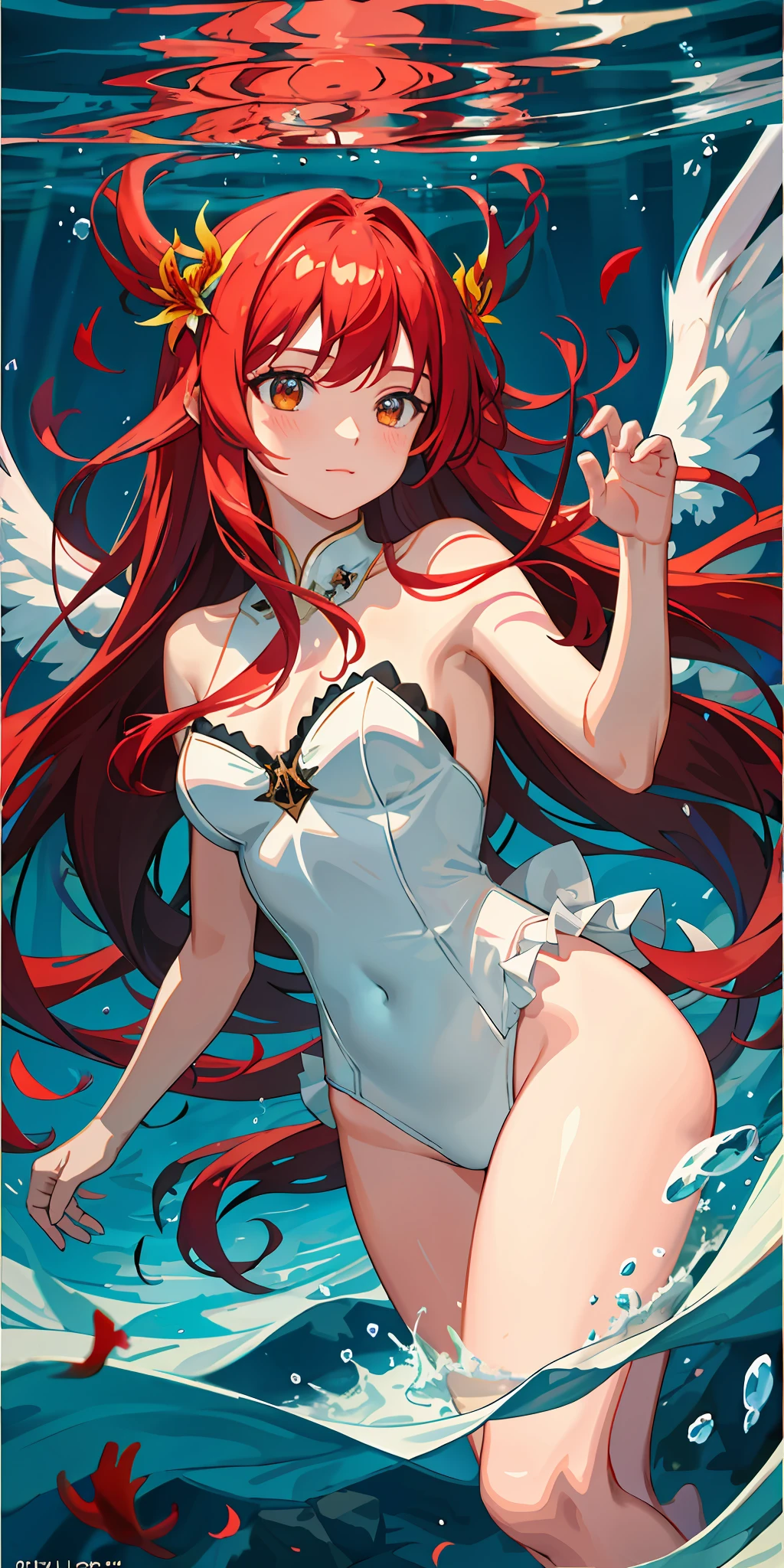 girl underwater, long red flowing hair, angel wings, lily flowers