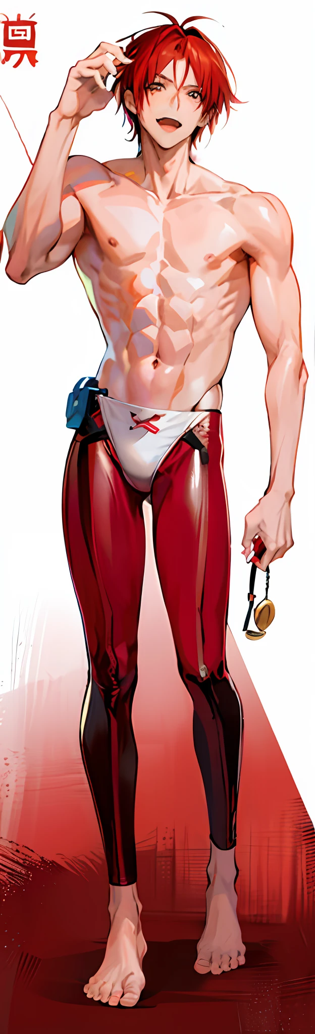 a man with a shirt on and a red and white background, style of red line anime movie, asuka suit under clothes!, kentaro miura style, miura kentaro style, full body zenkai! asuka suit, male anime character, anime full body illustration, pin on anime, handsome anime pose, kentaro miura art style, is wearing a swimsuit