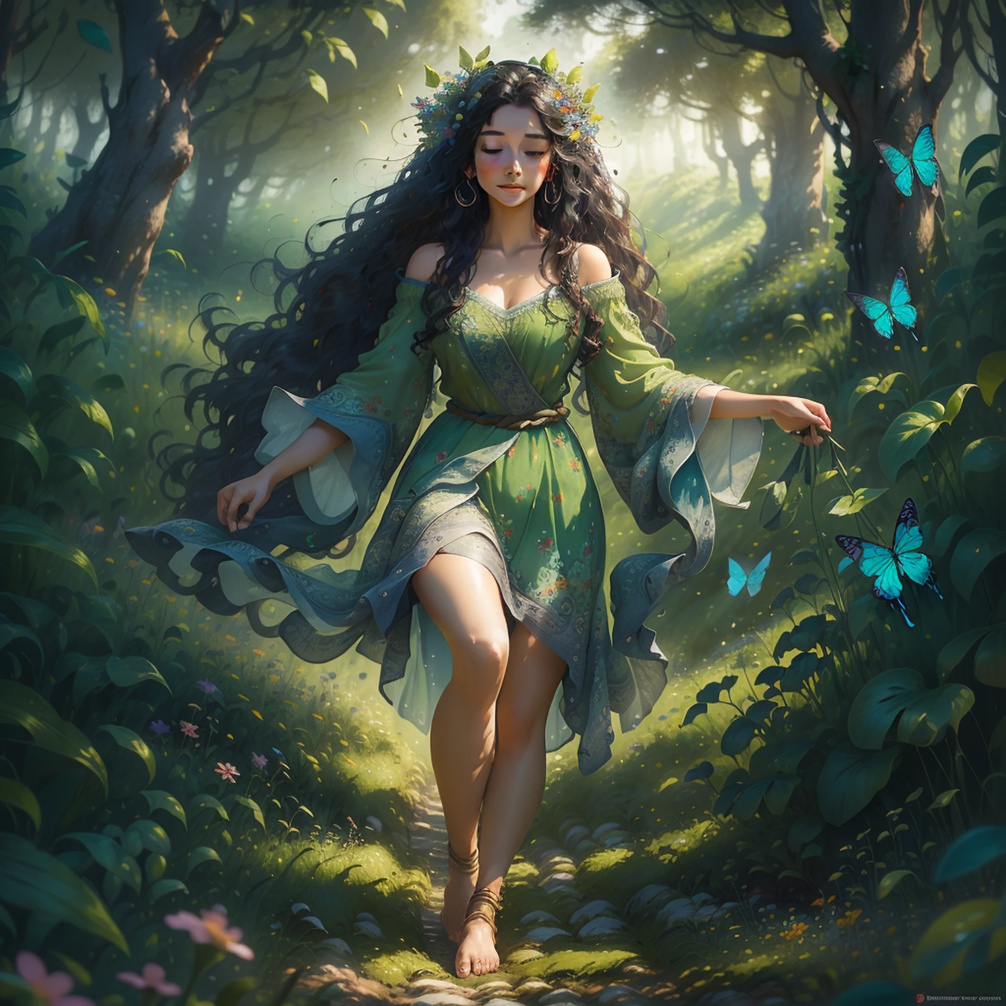The woman with long, dark curly hair finds herself in a verdant field, immersed in a magical and enveloping landscape. Around them, a whirlwind of colorful butterflies dance in the air, each of them carrying a unique emotion on their wings.
The green field stretches as far as the eye can see, dotted with wildflowers and a variety of lush plants. The grass is soft and vibrant, inviting the woman to walk barefoot and feel the energy of the earth beneath her feet.
