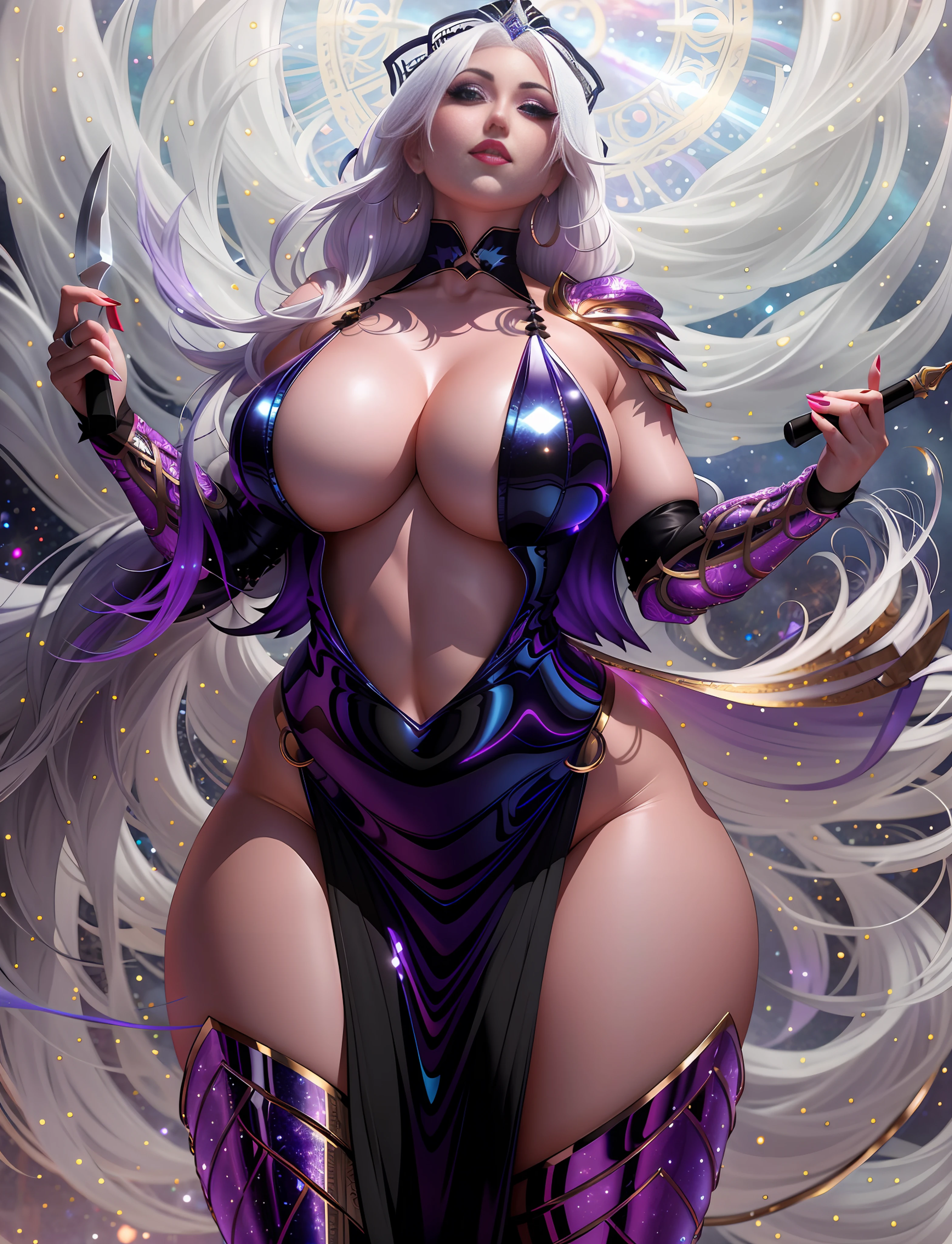 arafed woman in a sexy short black and purple outfit holding a knife, thicc, mighty plump sexy female sorceress, sexy goddess. extremely high detail, galactic sized goddess, extremely detailed goddess shot, wlop and rossdraws, cinematic goddess body shot, rossdraws 1. 0, wlop rossdraws, commission for high res, rossdraws 2. 5, white skin, no bra, white hair, cleavage, wide hip. thick thigh, sexy,