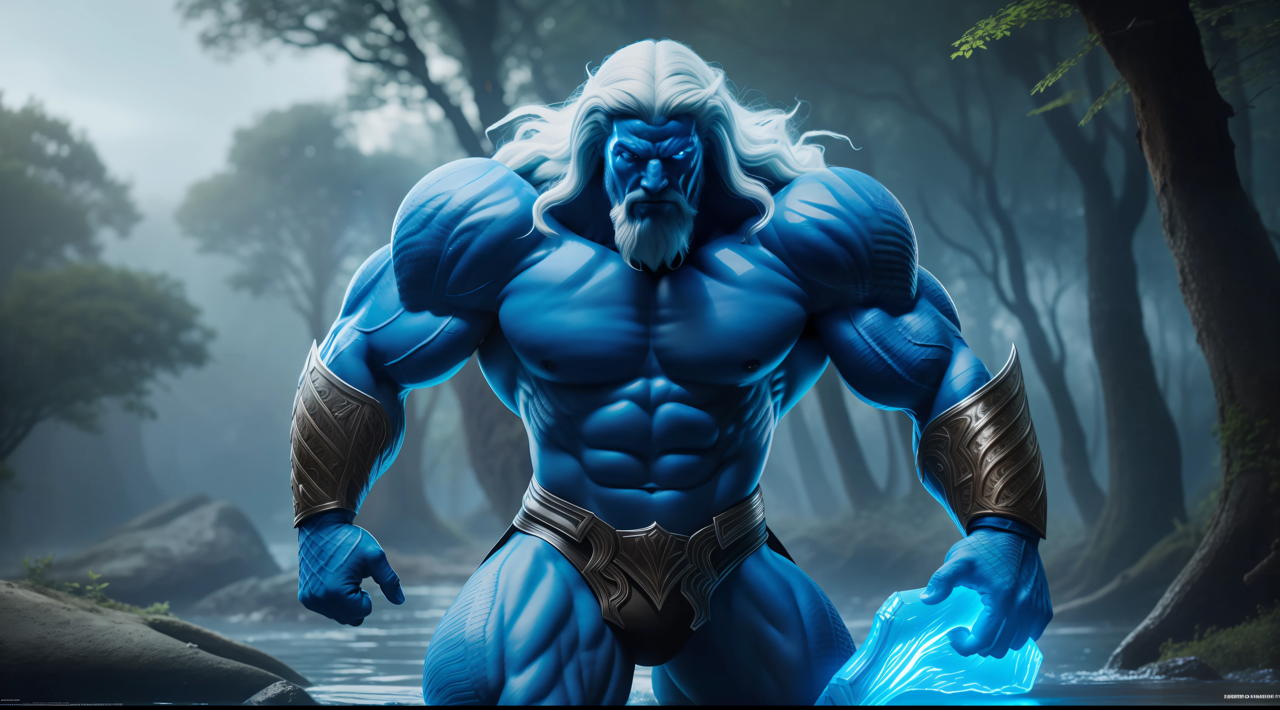 a muscular mythological being extremely strong, blue scaly translucent skin, red eyes, long white hair,wearing water armor, powerful, able to control nature, around which trees emerging impacting the ground with magic, unreal engine 5, keyshot, octane, artstation trending, ultra high detail, ultra realistic, cinematic,16k