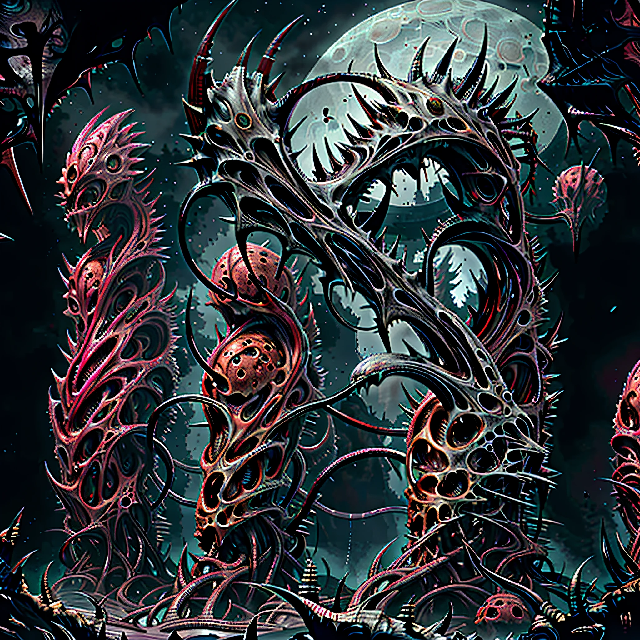 horror art landscape, complex biomechanicals monuments, biomorphic beings from the 4th dimension, spiked walls, madness, thorns, artstation, uhd, unreal engine, line art drawing style.