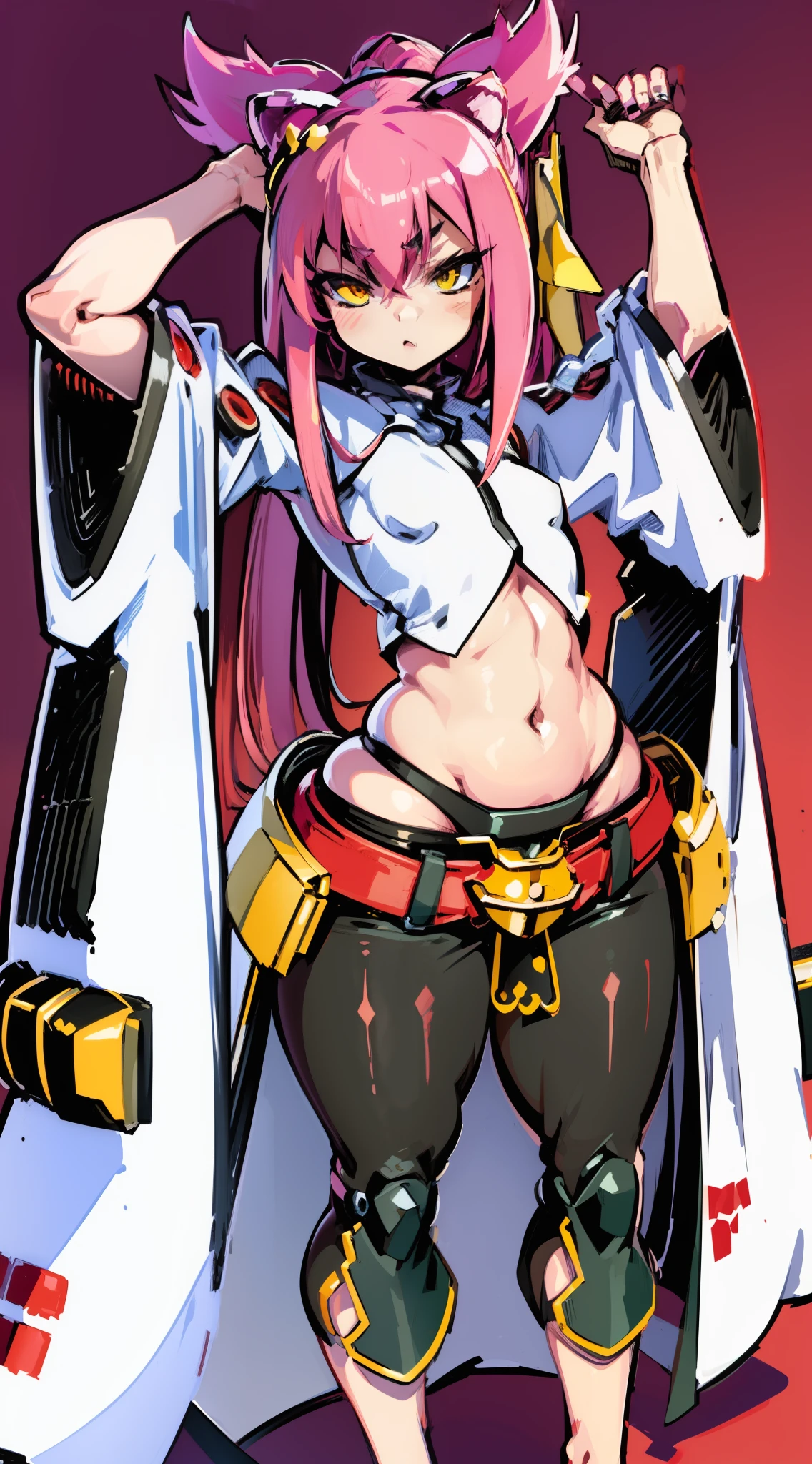 (masterpiece, best quality, high resolution), cowboy shot, 1girl, kokonoems, kokonoe mercury, kokonoe (blazblue), animal ears, cat ears, pince-nez, tail , cat tail, multiple tails, solo, navel, belt, pants, capri pants, red pants, red capri pants, (petite, small breasts, small boobs, loli), (child rearing hips, child-rearing hips, big hips, wide hips, wide-hipped, thicc thighs, thick thighs), small breasts with big hips, lewd, seductive anime girl, robot, robot girl, humanoid robot, robot joints, joints, armor