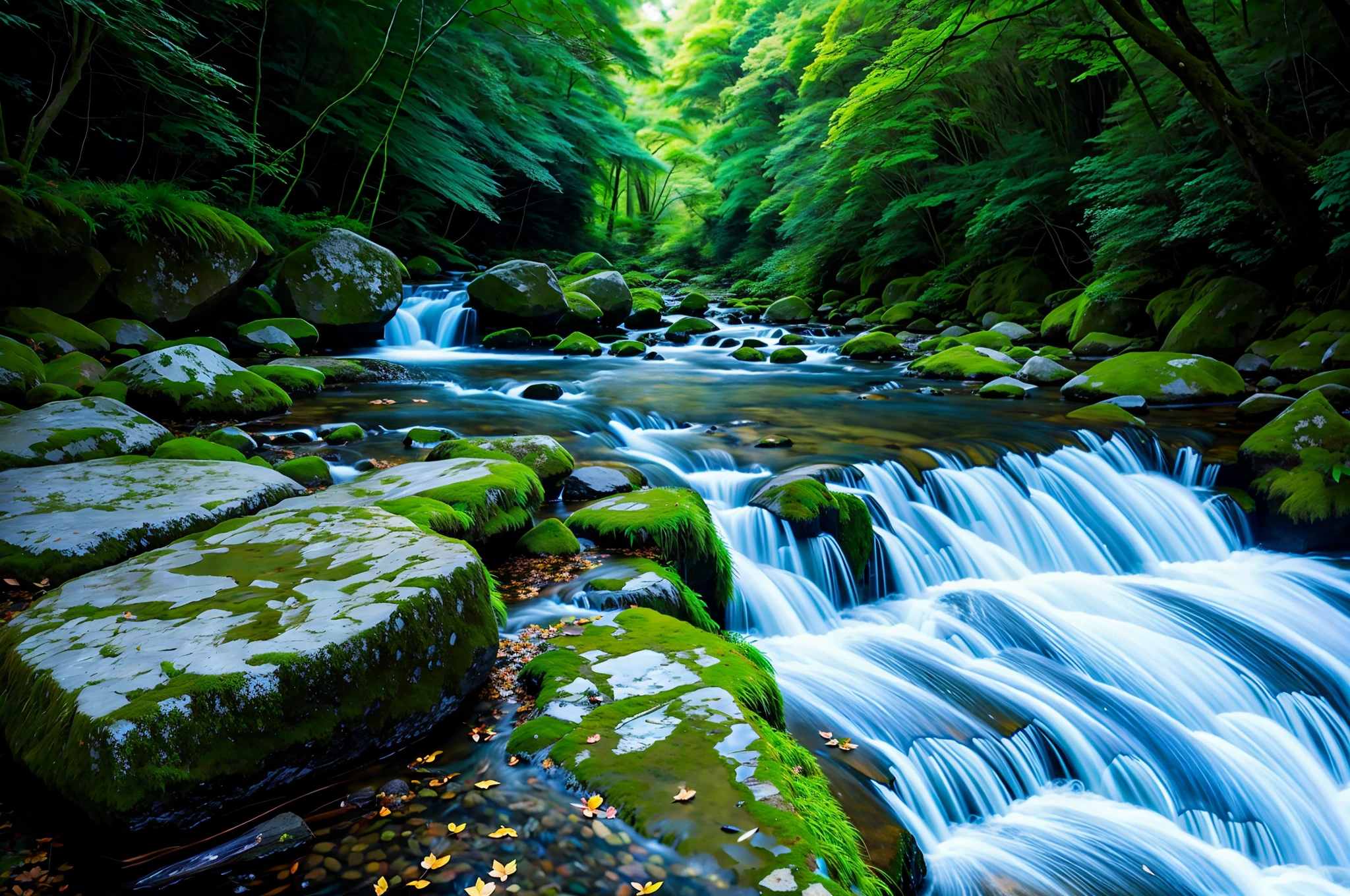 arafed view of a stream running through a lush green forest, japan lush forest, river in a forest, gentle sparkling forest stream, forest and river, forest and waterfall, river with stunning water, nature wallpaper, japan nature, river stream, river in the wood, beautiful forest scenery, peaceful beautiful waterfall, a river flowing with waterfall, nature scenery, peaceful environment, ((Realistic lighting, Best quality, 8K, )), (realistic:2, photorealistic: 1.37), photography, masterpiece, best quality, beautiful wallpaper, sunlight,